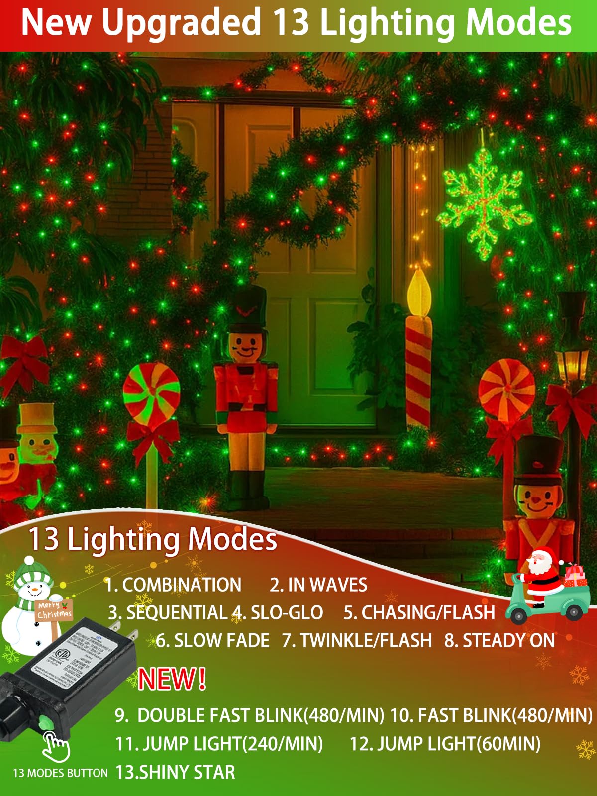 SANJICHA 2 Pack Christmas String Lights, 66FT 200 LED, Waterproof, 13 Modes, Timer, Red and Green