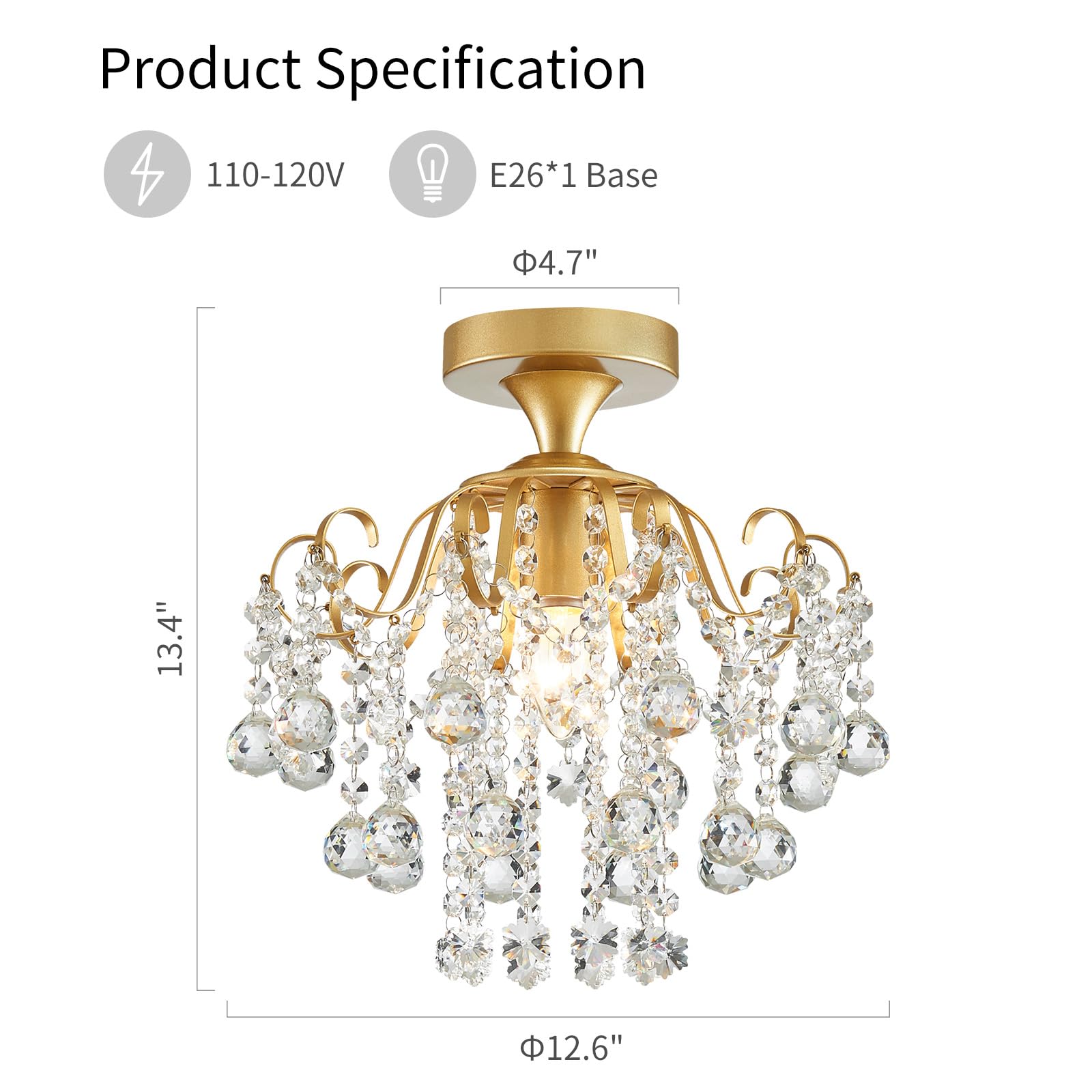 WUZUPS Crystal Chandelier Flushmount Ceiling Light, Gold Metal, H 13.4" x W 12.6", Model EUHD0351, Ideal for Bedroom, Hallway, Kitchen