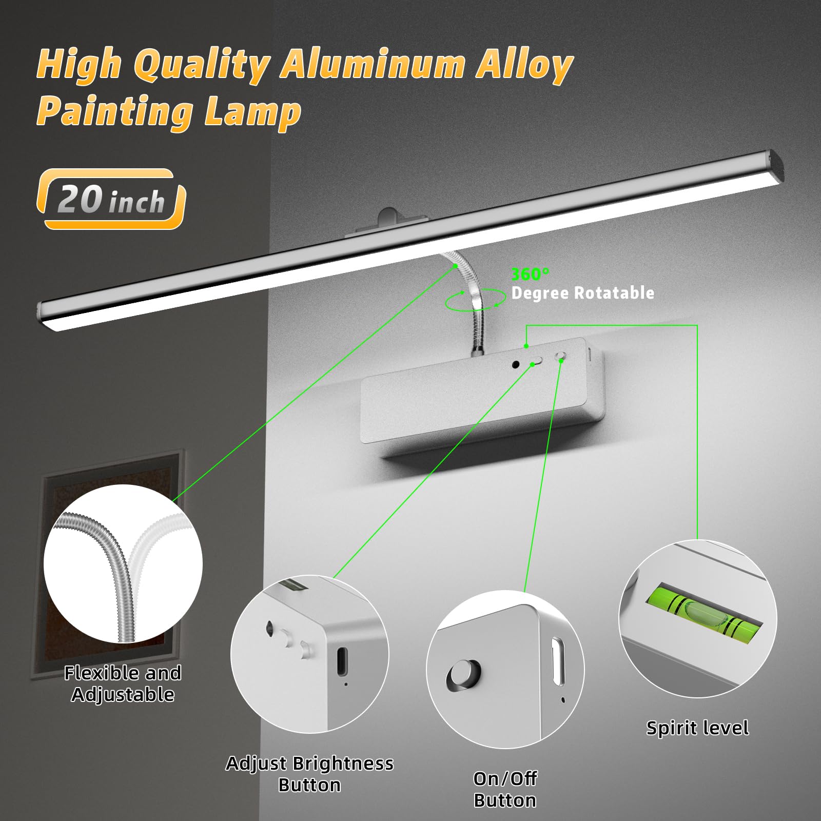 Lightbiz 20 Wireless Rechargeable Picture Light with Remote - Dimmable Metal Art Light in Silver for Paintings and Gallery Display