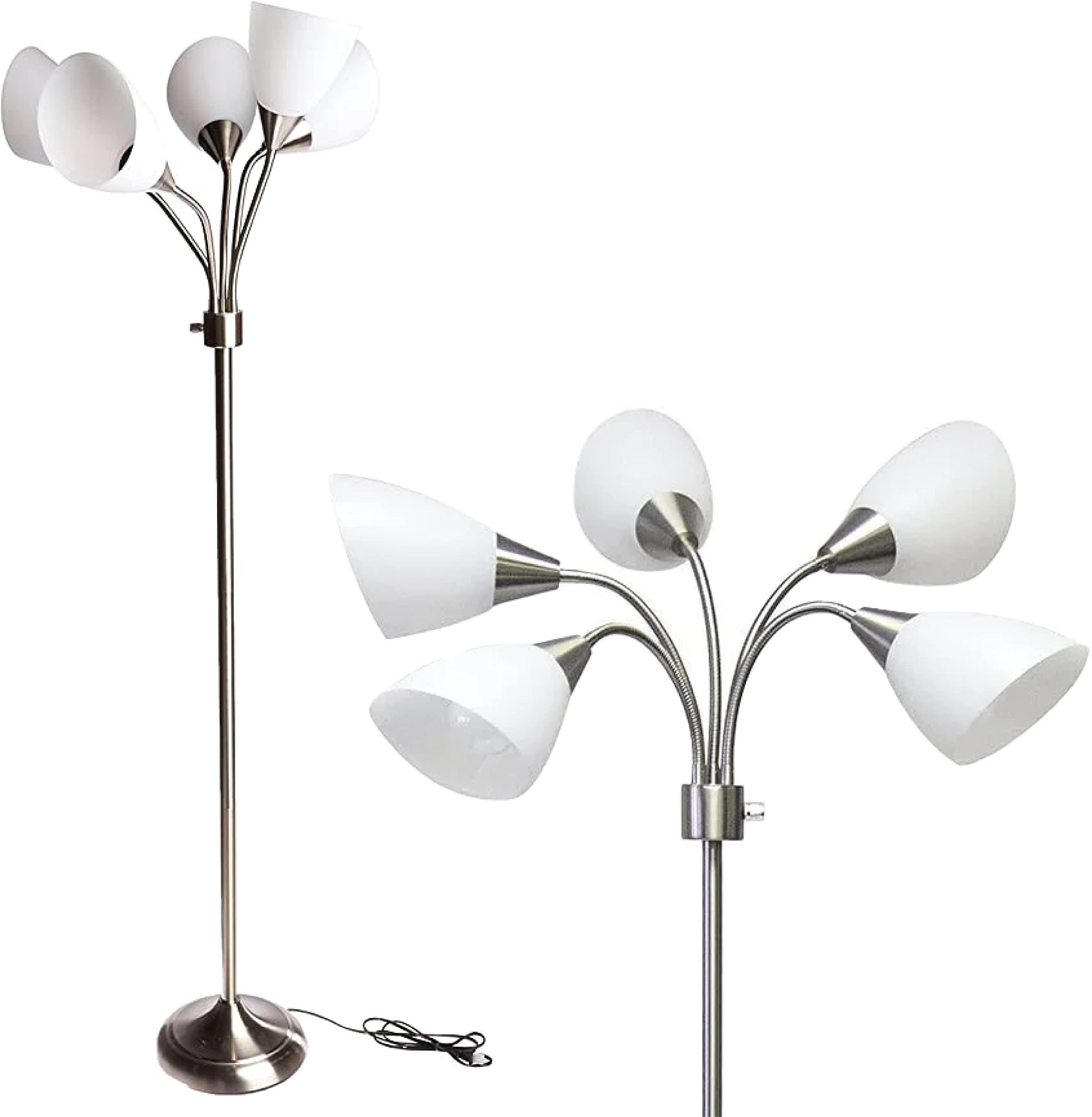Adesso Multi-White Shade Floor Lamp, Adjustable Gooseneck Arms, Silver, Model 7205-22