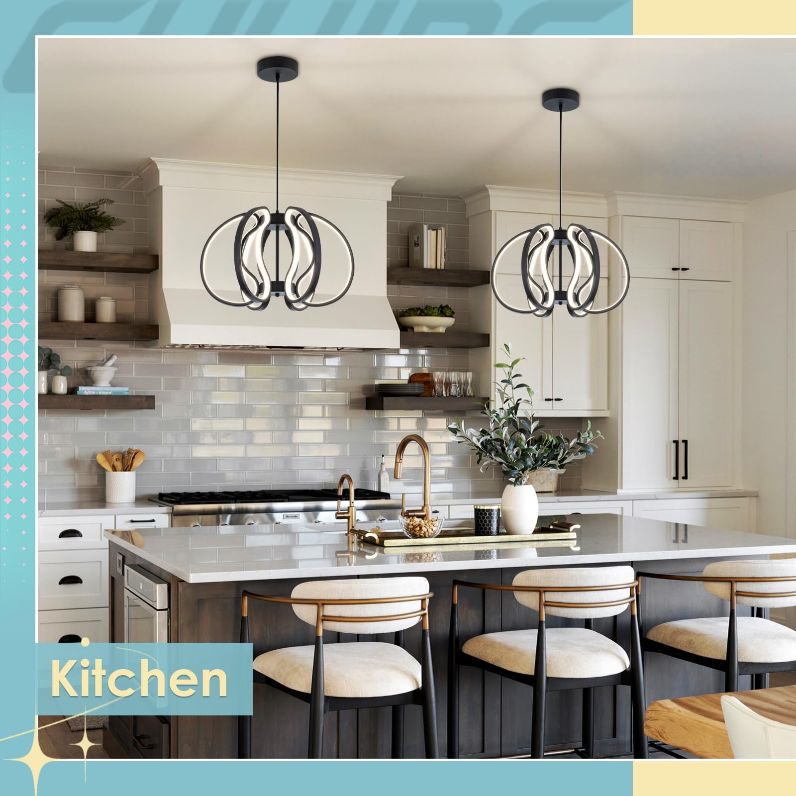 Chying Modern Black Chandelier Dimmable Led Chandelier With Remote 3000K-6000K Industrial Cage Pendant Light For Kitchen Island