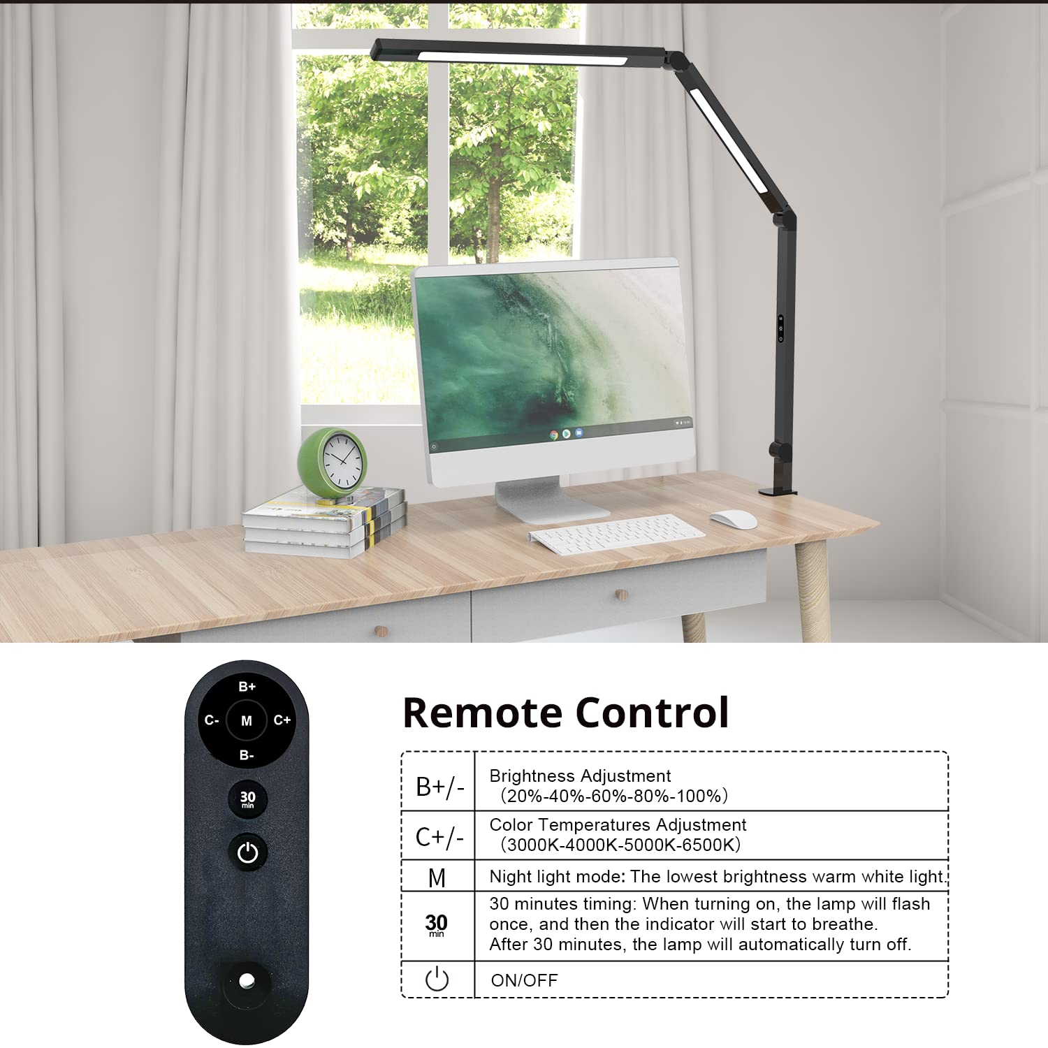 Led Desk Lamp With Clamp, Architect Desk Lamp For Home Office With Remote Control, Swing Arm Clamp On Computer Light, Clip-On Eye-Care Adjustable 5 Brightness Levels Table Light For Working Drafting