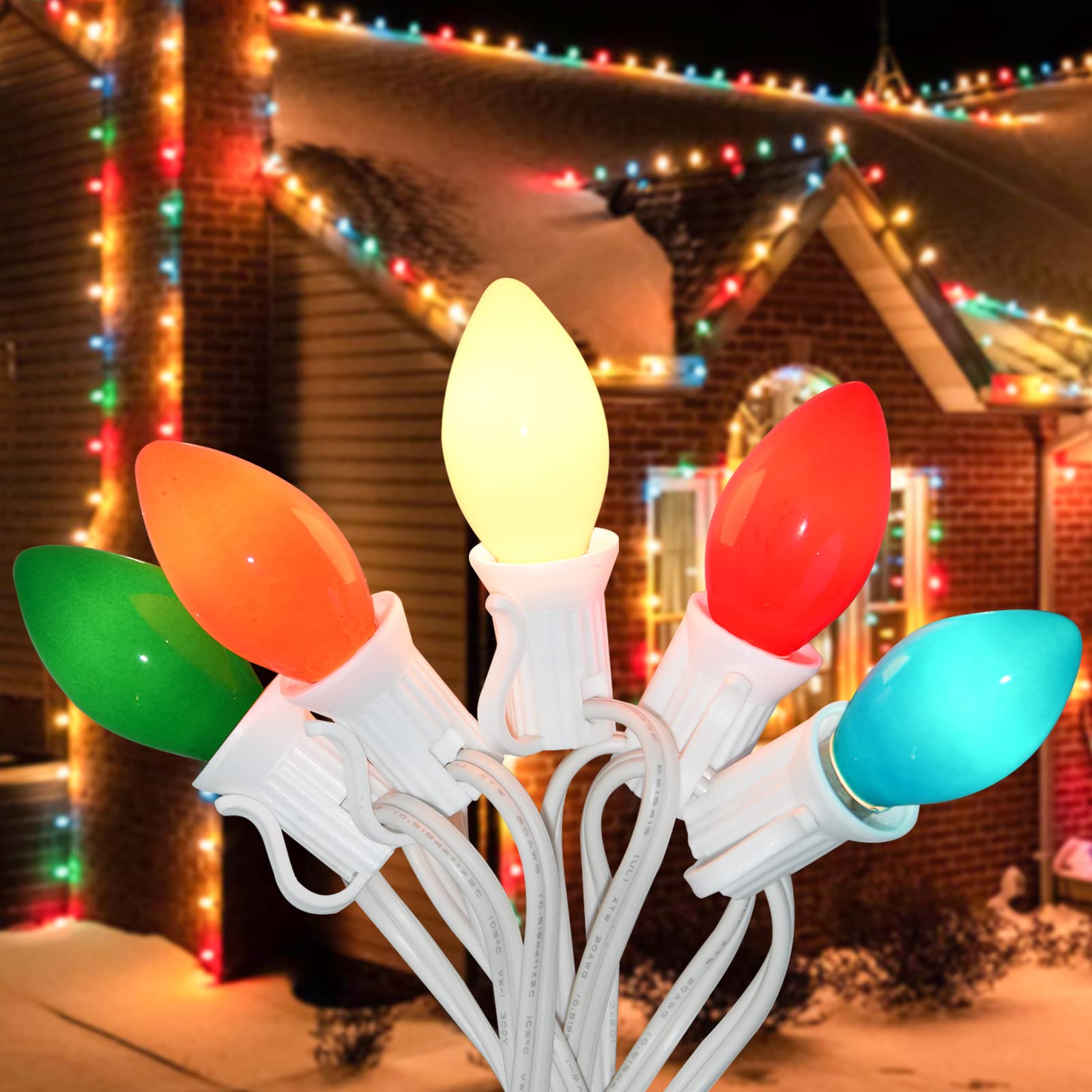 25Ft Christmas Lights Multicolor, C7 Vintage Christmas Lights with 27 Colorful Ceramic Bulbs, Hanging Outdoor Christmas Lights f