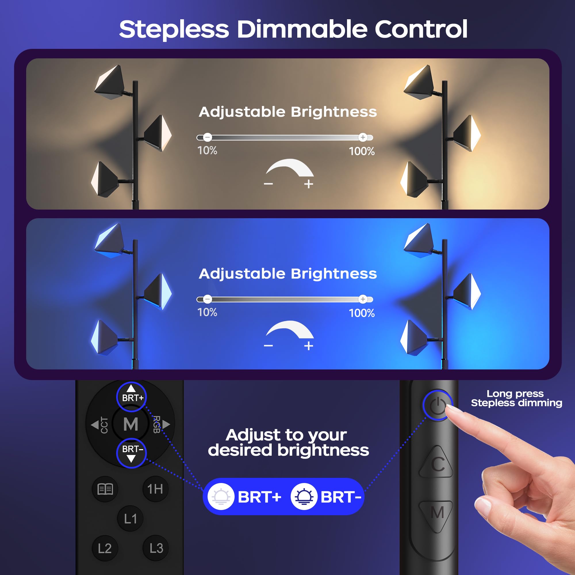 Qimh Rgb Floor Lamp For Living Room, 36W Led Standing Lamp With 3 Lights, Dimmable Smart Lamp With Remote & Touch Control, Color