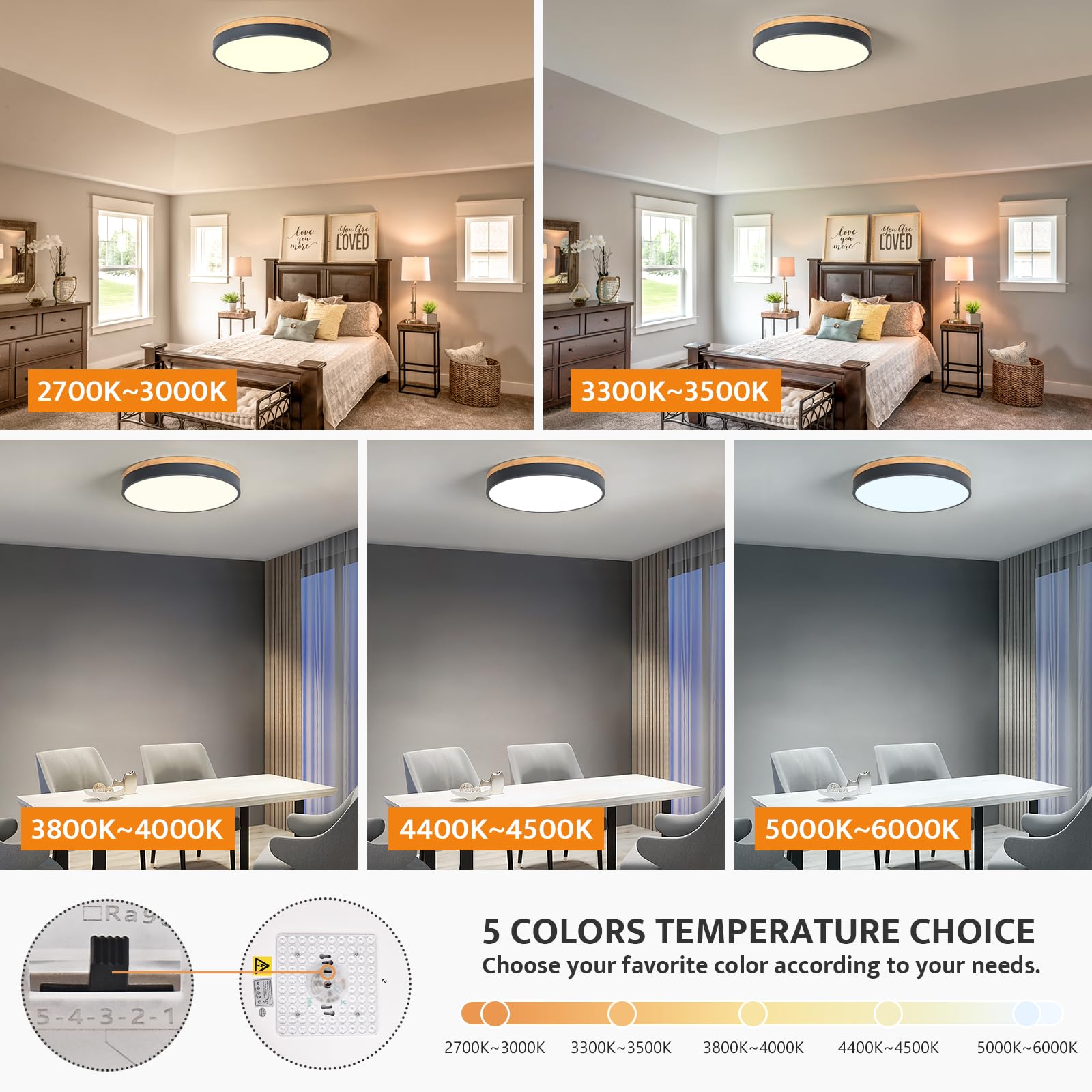 Yiisem Dimmable Wood Led Flush Mount Ceiling Light, 5Cct 2700K-6000K Selectable Modern Round Close To Ceiling Lighting Fixtures,
