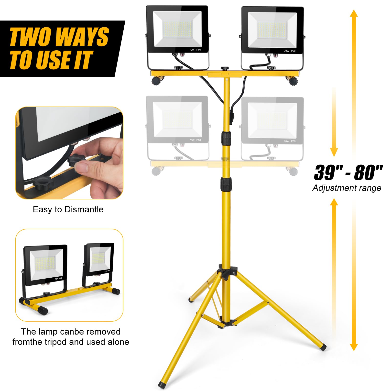 14000Lumen Led Work Lights With Stand - 2 Head Portable Work Light On Stand - Ip66 Waterproof Tripod Worklights For Outdoor Indoor Job Site Workshop Garage Construction Site Lighting