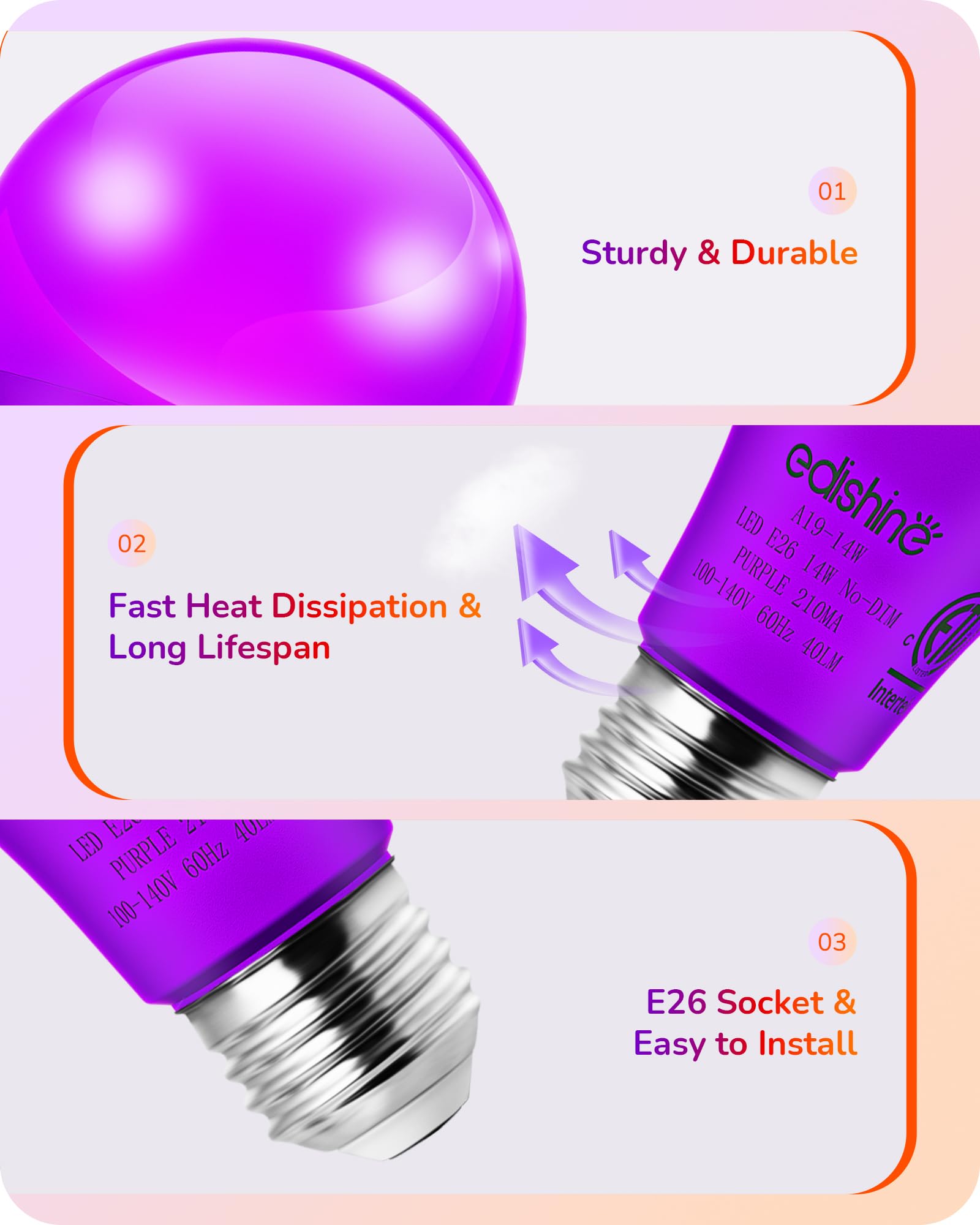 EDISHINE Purple Orange Light Bulbs, 14W Purple LED Bulb Equivalent 100W Colored Light Bulbs, E26 Base A19 Orange Light Bulb for