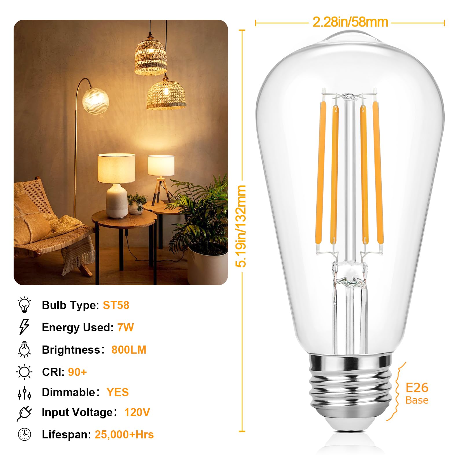 Vintage Led Edison Bulbs 60 Watt Equivalent Dimmable 7W St58 Led Filament Light Bulbs Soft White 2700K Antique Style Lighting Hi