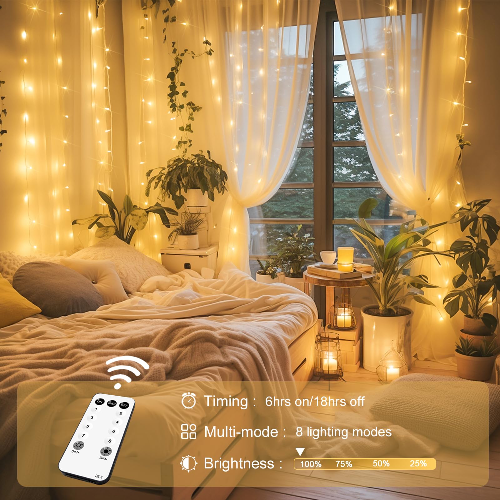 JMEXSUSS 300 LED Remote Control Fairy Curtain Lights, Warm White, Plastic for Indoor/Outdoor Decor - Model EXS-C-0300-R