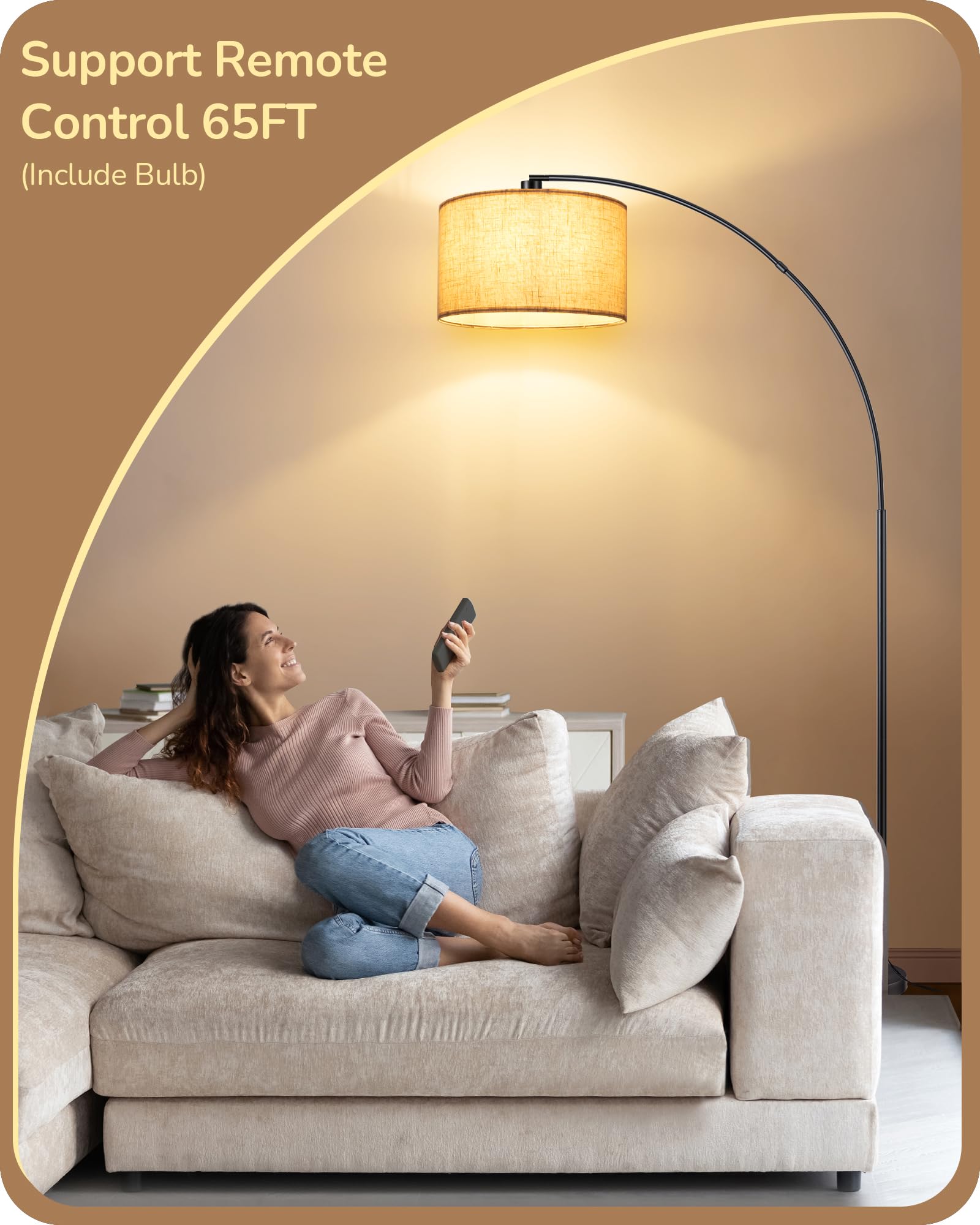 EDISHINE 78.3" Dimmable Arc Floor Lamp with Remote, Black Metal, 5 Color Temperatures, Model HFLK04X, Modern Design for Living Room & Office