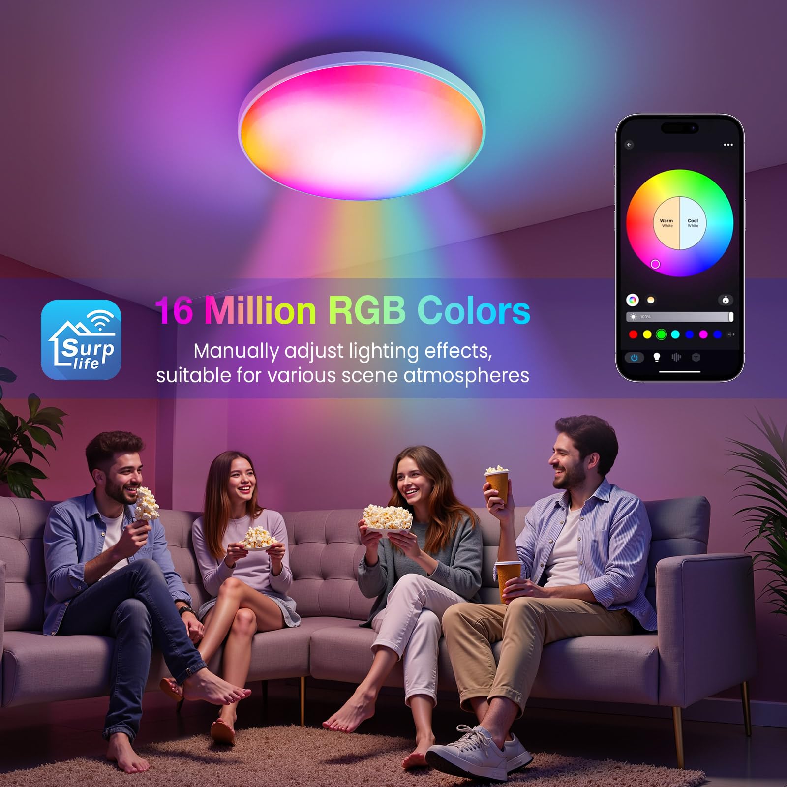 PKBD Smart Ceiling Light, 12 Inch RGB LED, Remote Control, 2200K-6500K, Ultra-Thin, 2 Pack, White, Model ZJ-BWCLAH