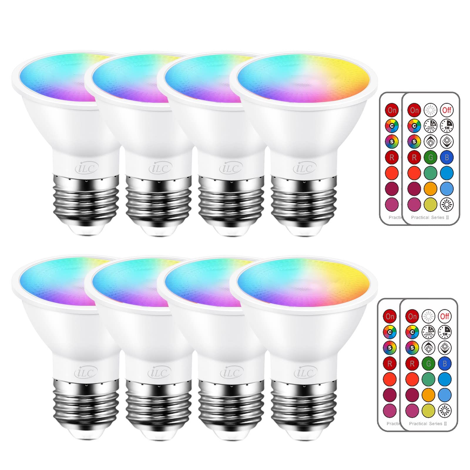 ILC Par16 LED Light Bulbs, 40W Equivalent, Color Changing RGB, Dimmable, 8 Pack, Warm White 2700K, E26 Screw Base
