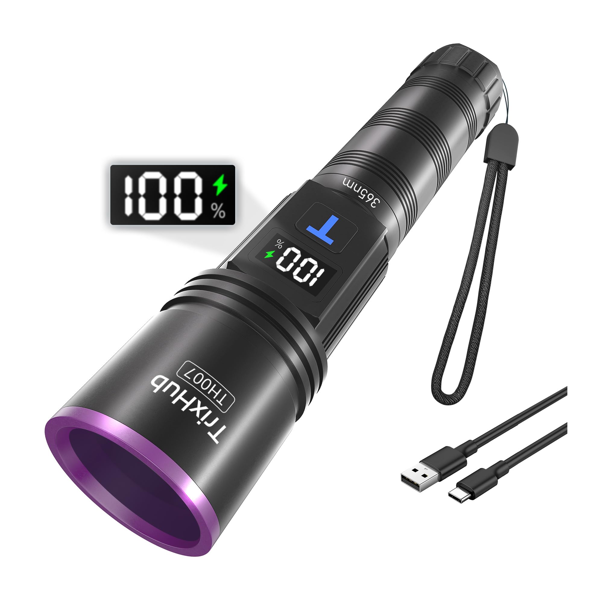 365Nm Black Light Flashlight, Uv Flashlight Rechargeable With Lcd Display, Powerful Ultraviolet Lights For Pet Urine Detection,