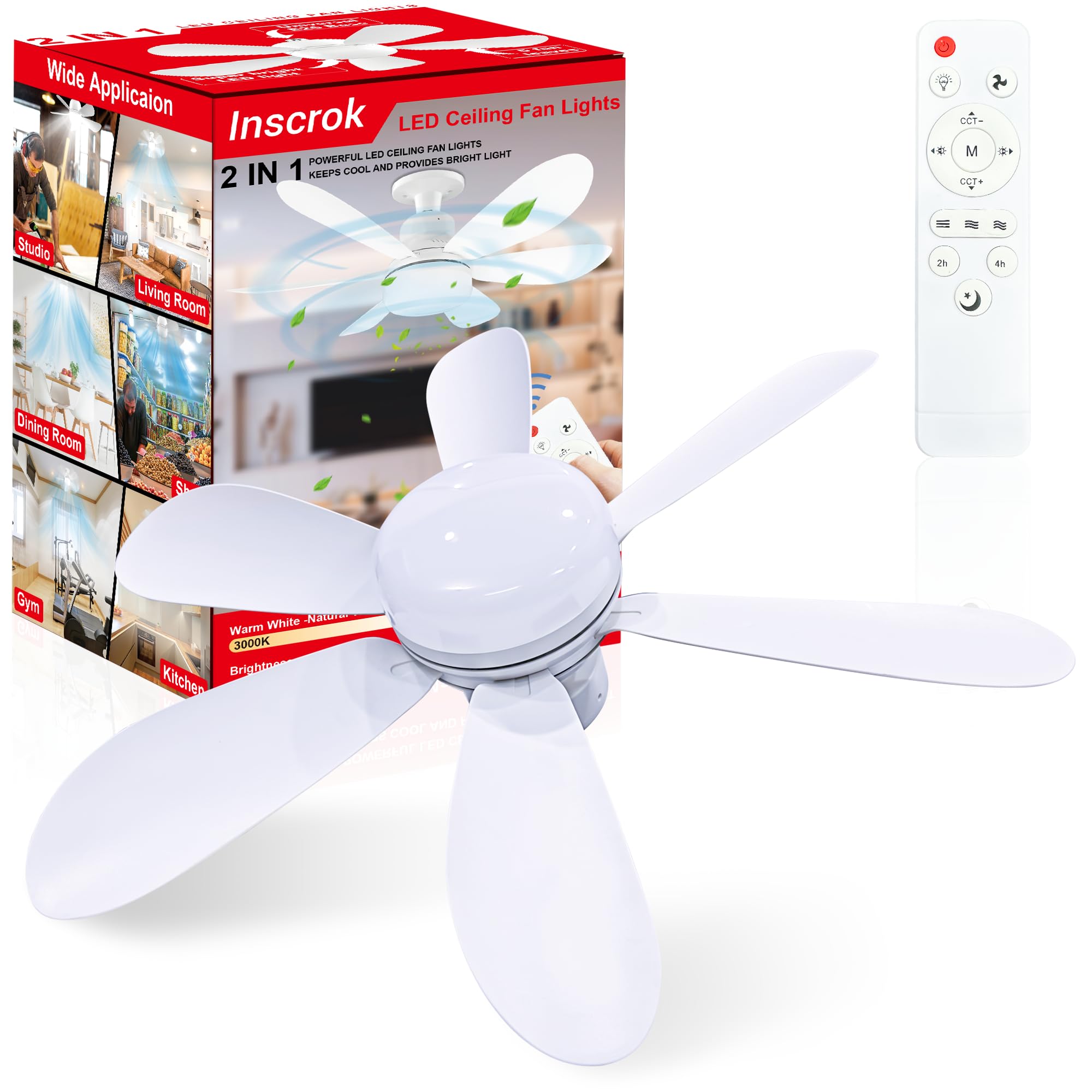 Inscrok Ceiling Fans With Lights, Screw-In Ceiling Fan Light And Remote For E26 Socket Base, 3000K-6500K Dimmable Led & 3 Speed