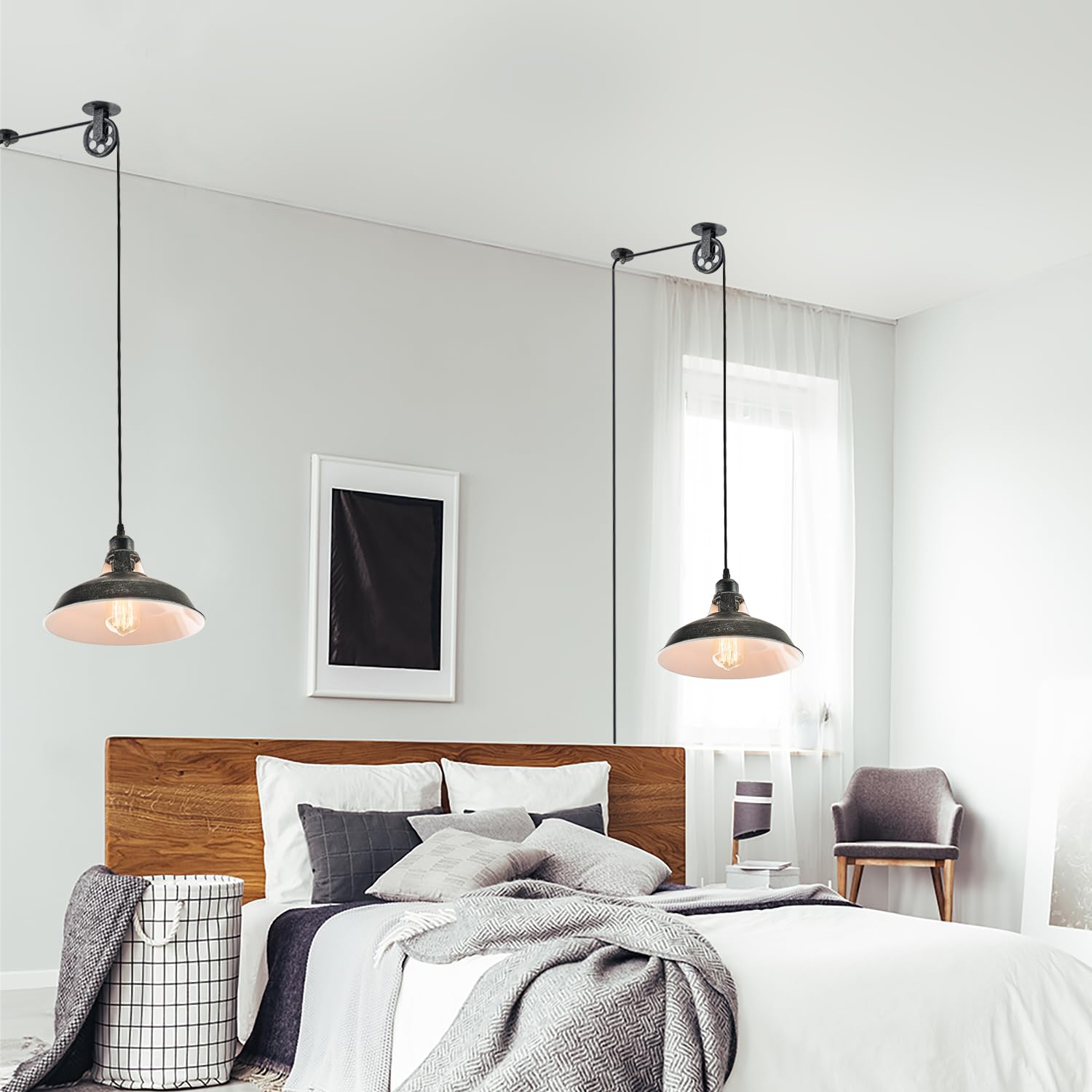 Plug In Pendant Light With Switch,Vintage Industrial Design,16.4Ft Cord,Adjustable Pulley,Easy Install,Ideal For Living Room,Poo