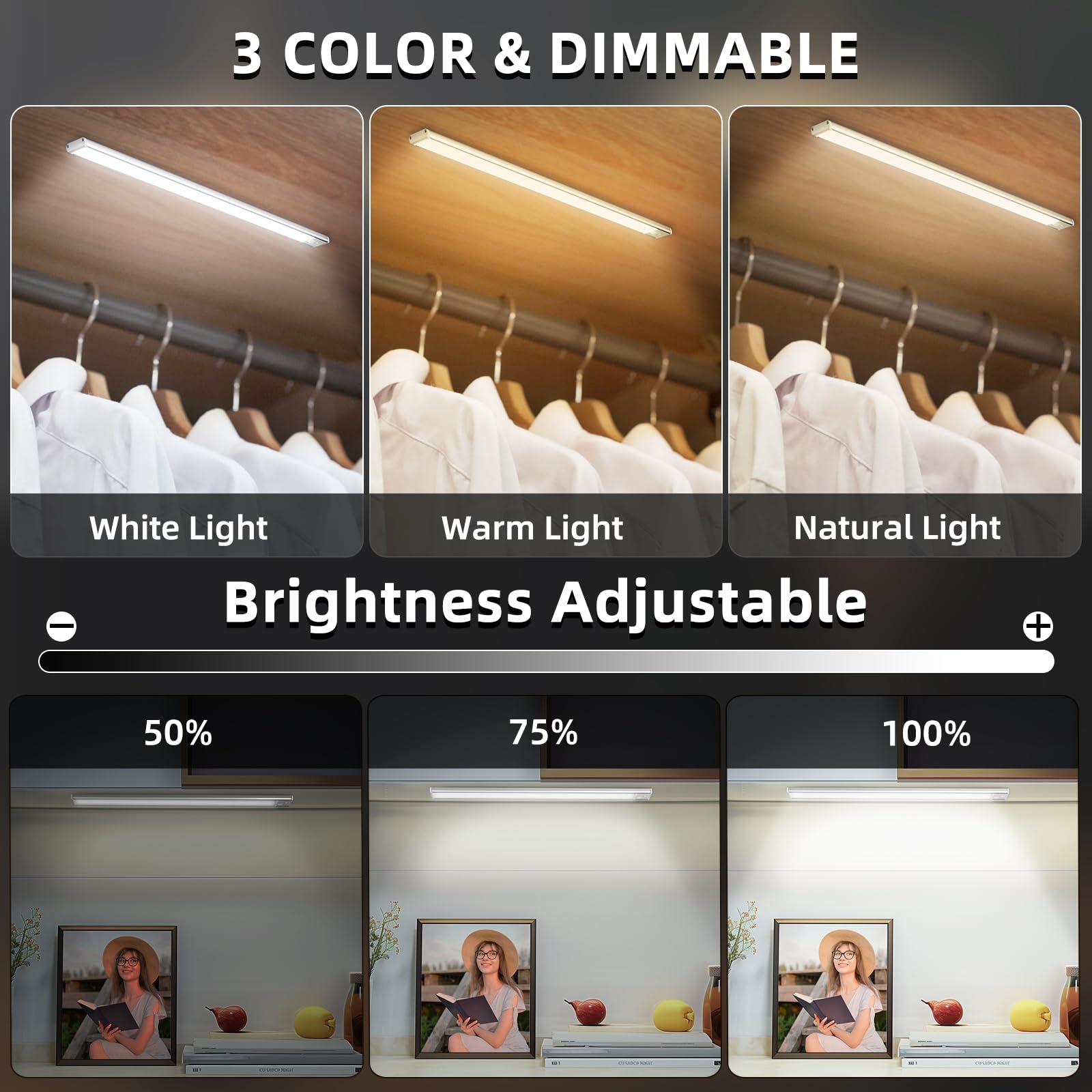 Under Cabinet Lighting Wireless, 74 Led Motion Sensor Light Indoor, 3 Color Dimmable Closet Lights Battery Operated, Rechargeabl