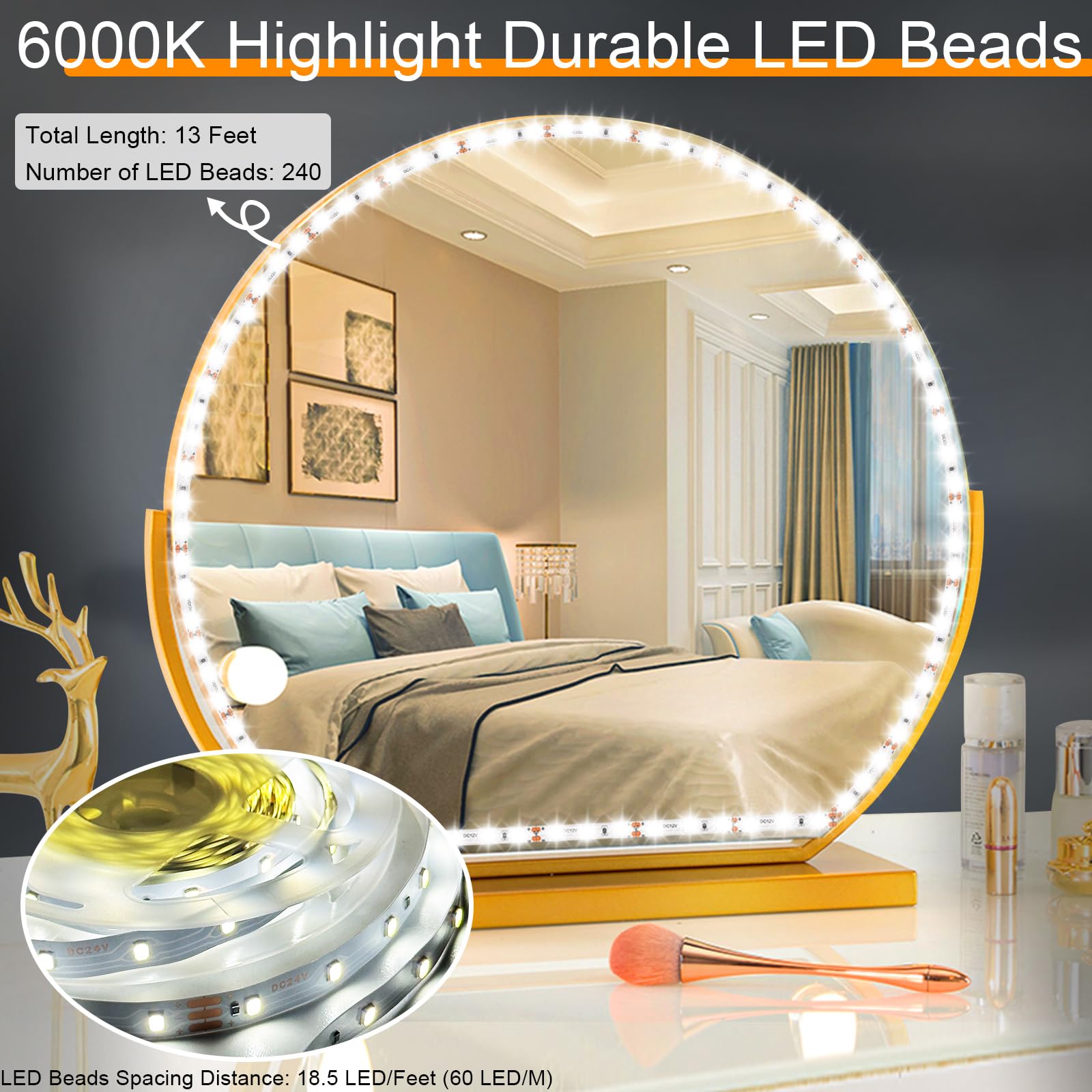 PANGTON VILLA LED Vanity Mirror Lights Kit, 13FT Flexible Light Strip, 6000K Daylight White, Dimmer Included, PCB Material