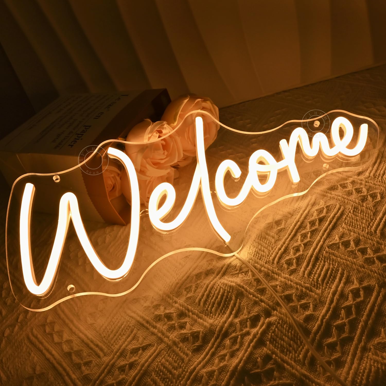 SYLHOME LED Neon Welcome Sign - Warm White Acrylic - 15.75in X 6.5in - Open Door Wall Decor for Business, Home, Bar, Pub, Party