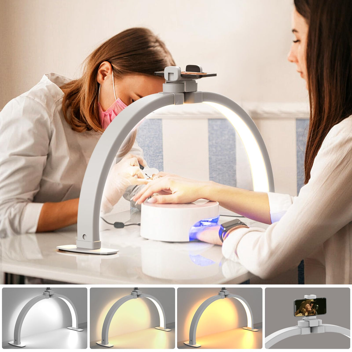 Evershop Half Moon Light For Nail Desk With Phone Holder,Portable Led Ring Light For Video Recording With Overhead Phone Mount,N