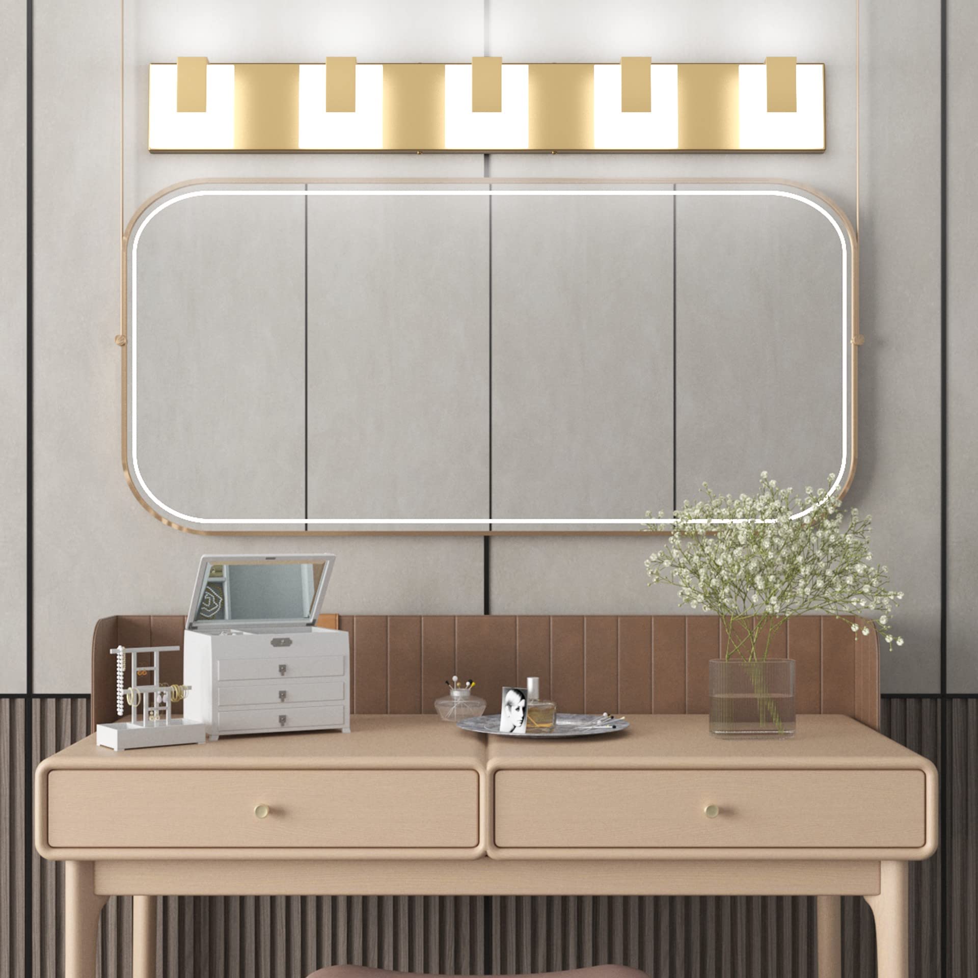 Aipsun Gold LED Bathroom Vanity Light Fixture, 5 Lights, Aluminum, Model GW-1105-5T-Gold, Modern Up and Down Wall Lighting