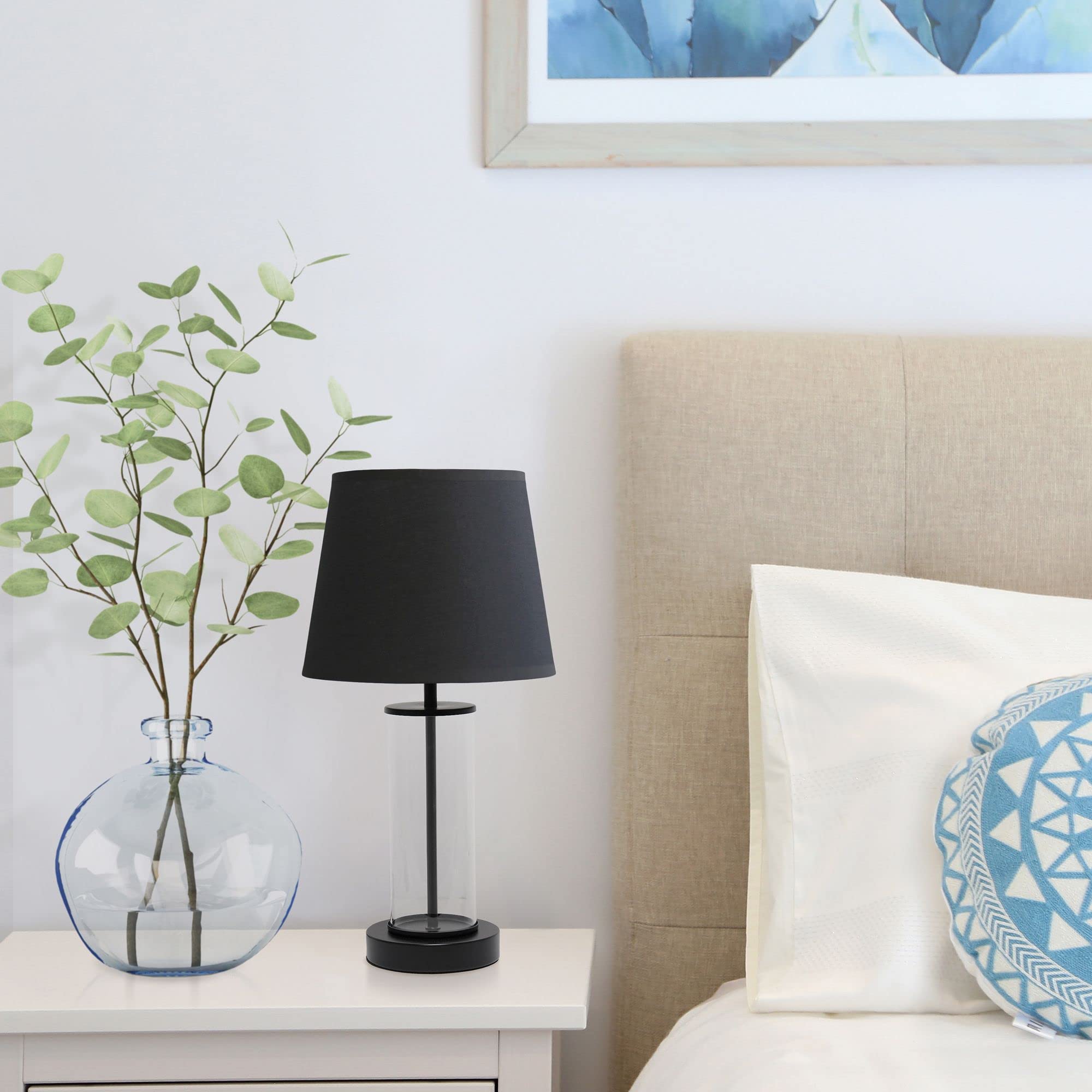 Simple Designs LT2081-BOB Coastal Bedside Table Lamp, Black Base, Black Shade, Glass, 8.66inL x 8.66inW x 16.93inH