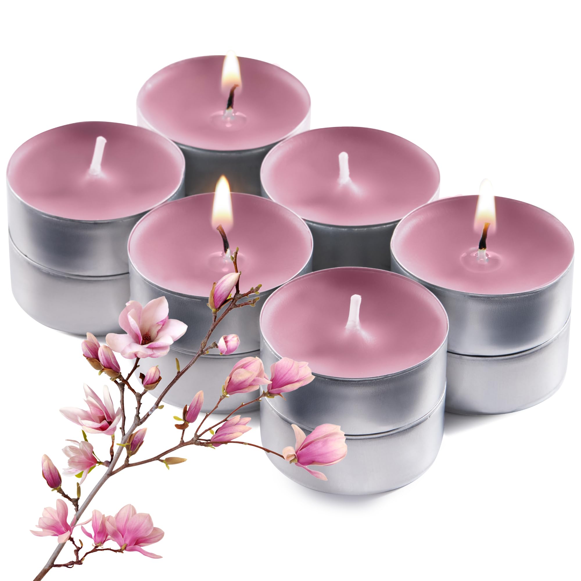 Pink Scented Tealight Candles - Pack of 12 Scented Tea Light Candles with Long Lasting Aromas - Magnolia Blossom Fragranced Pink Tealight Candles - 4 Hour Burn Time