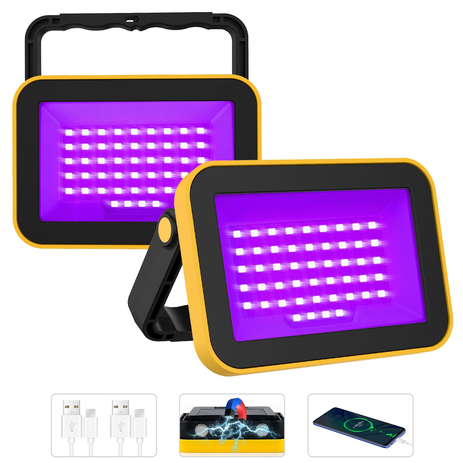 T-SUN Rechargeable LED Black Lights, Ultraviolet, 2 Pack, ABS Material, Model 472e7341 for Neon Glow, Party, Indoor Decor