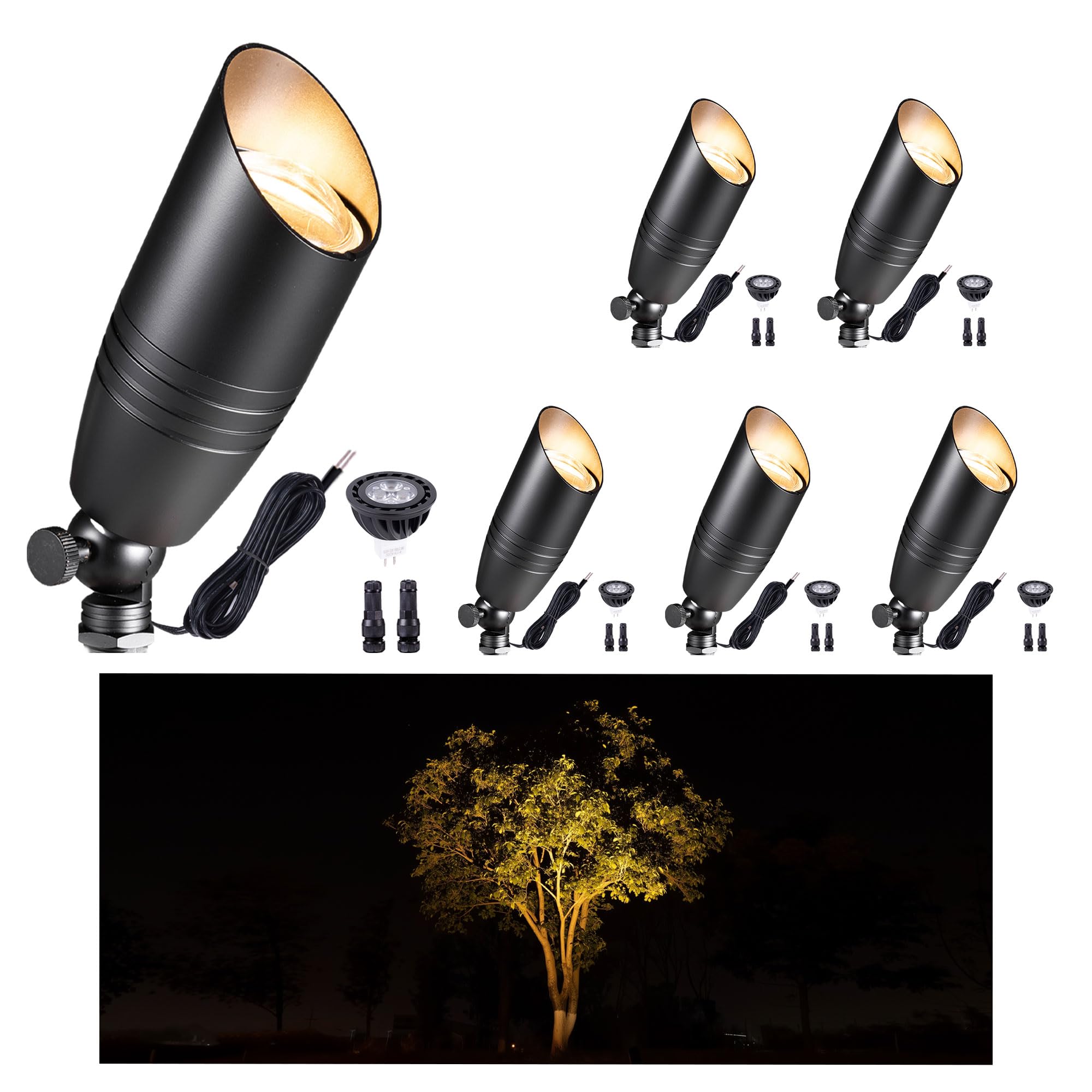 Gardenreet Low Voltage Spot Lights - Black Solid Brass Landscape Spotlight Wired  12V Outdoor LED Projectile Uplights  Waterproof Electric for Patio Wall with 2700K Warm White MR16 Bulb (6 Pack)
