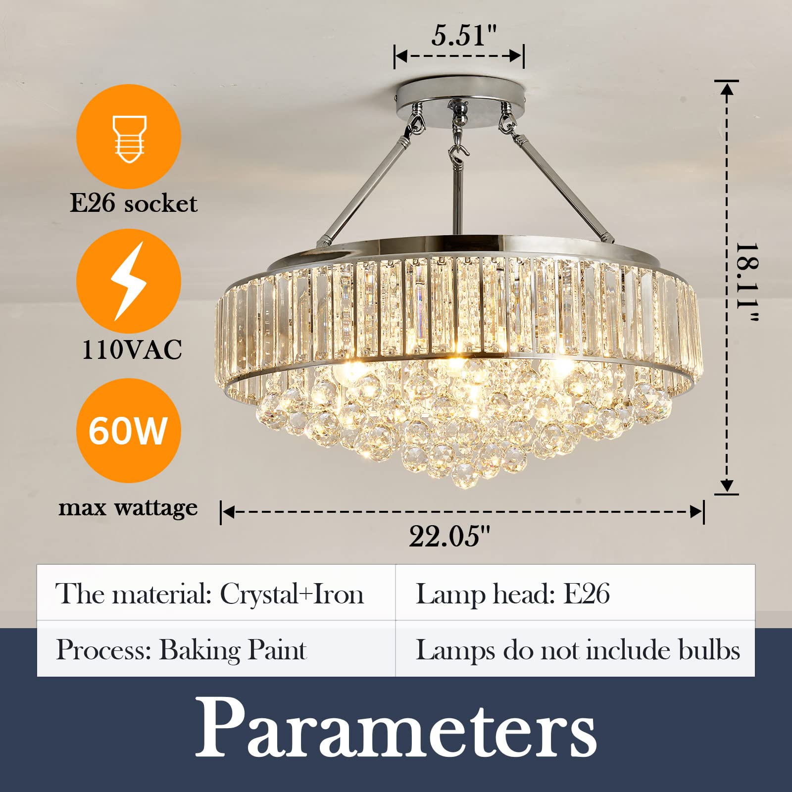 Yyjlx 6-Light Modern Round Crystal Chandelier, Chrome Semi Flush Mount Ceiling Light, Silver