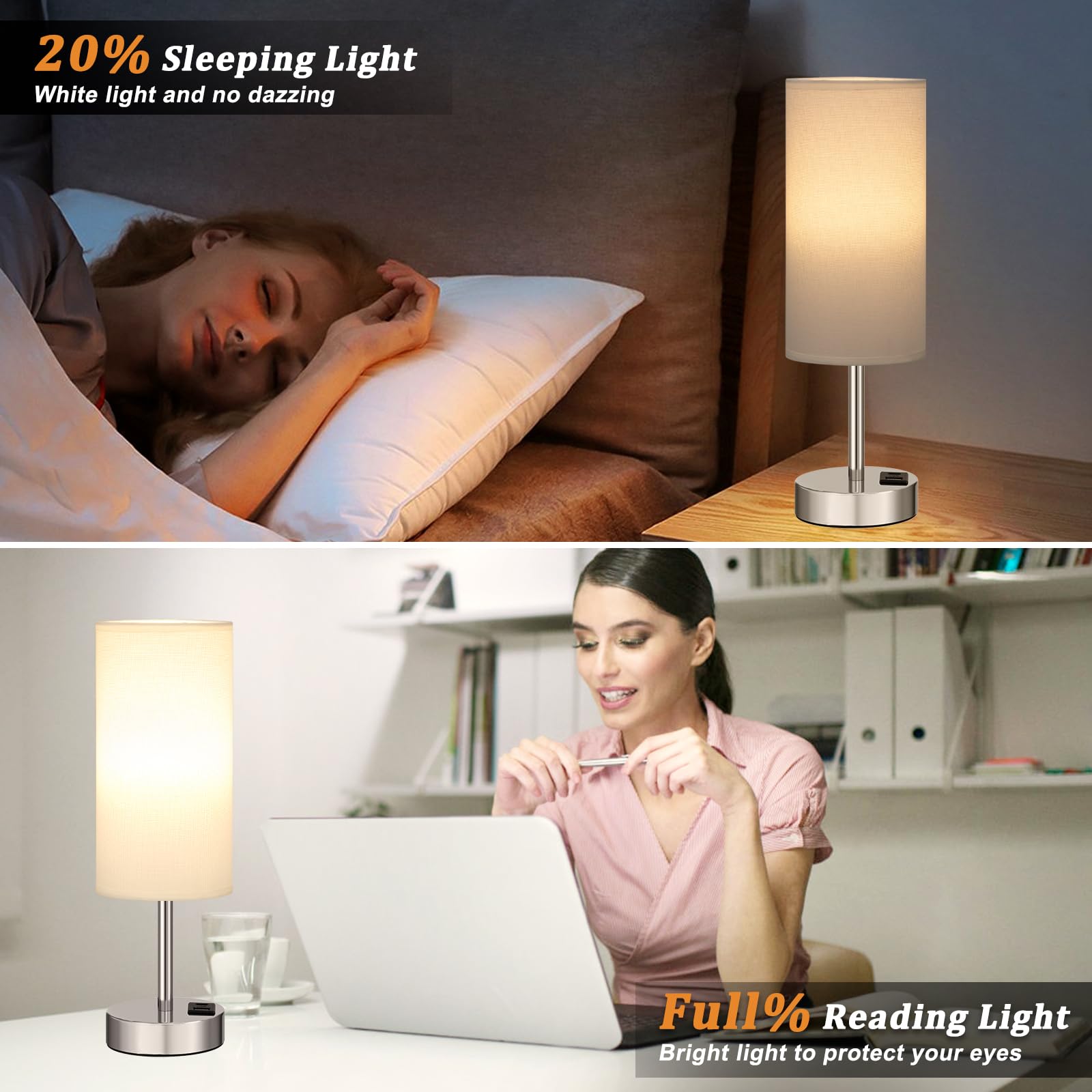 Bedside Table Lamps For Bedroom Set Of 2 - Touch Lamp For Nightstand With Usb-A+C Charging Ports - 3 Way Dimmable Small Desk Lam