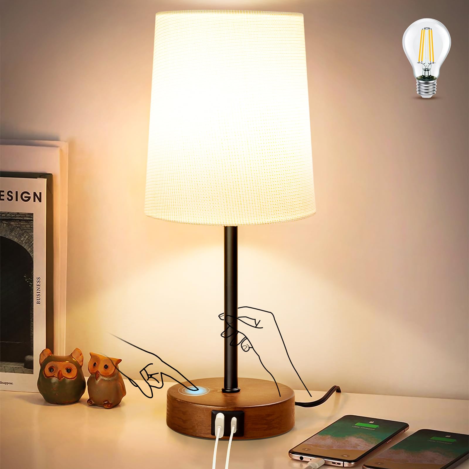 LuxeBeam Modern USB & Type-C Bedside Lamp with Touch Control, Dimmable Table Lamp with White Fabric Shade Enhanced with Gold Thr