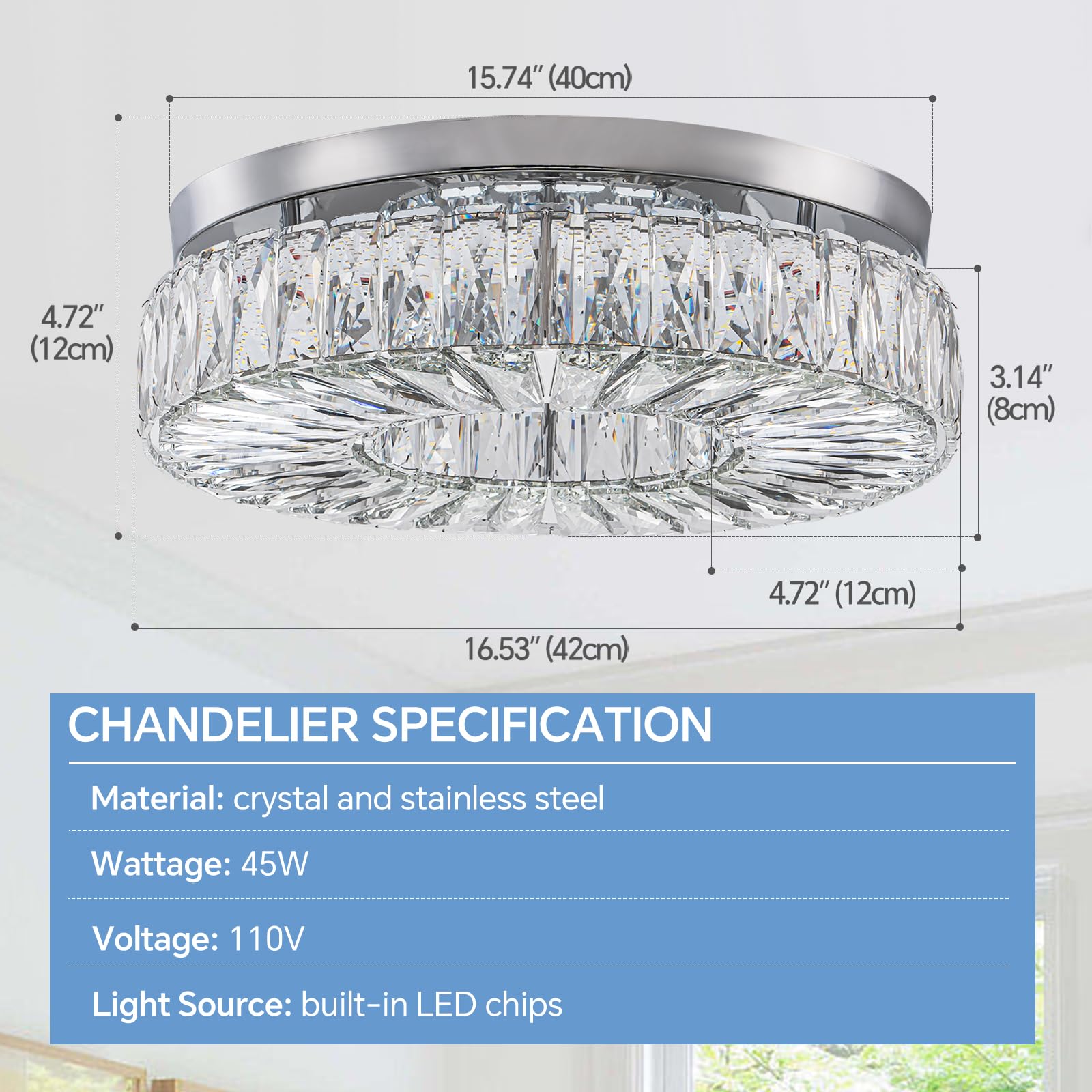 Hongnuofc 16.5&quot; Crystal Chandelier Led Flush Mount Light - Modern Luxury For Living Room, Bedroom