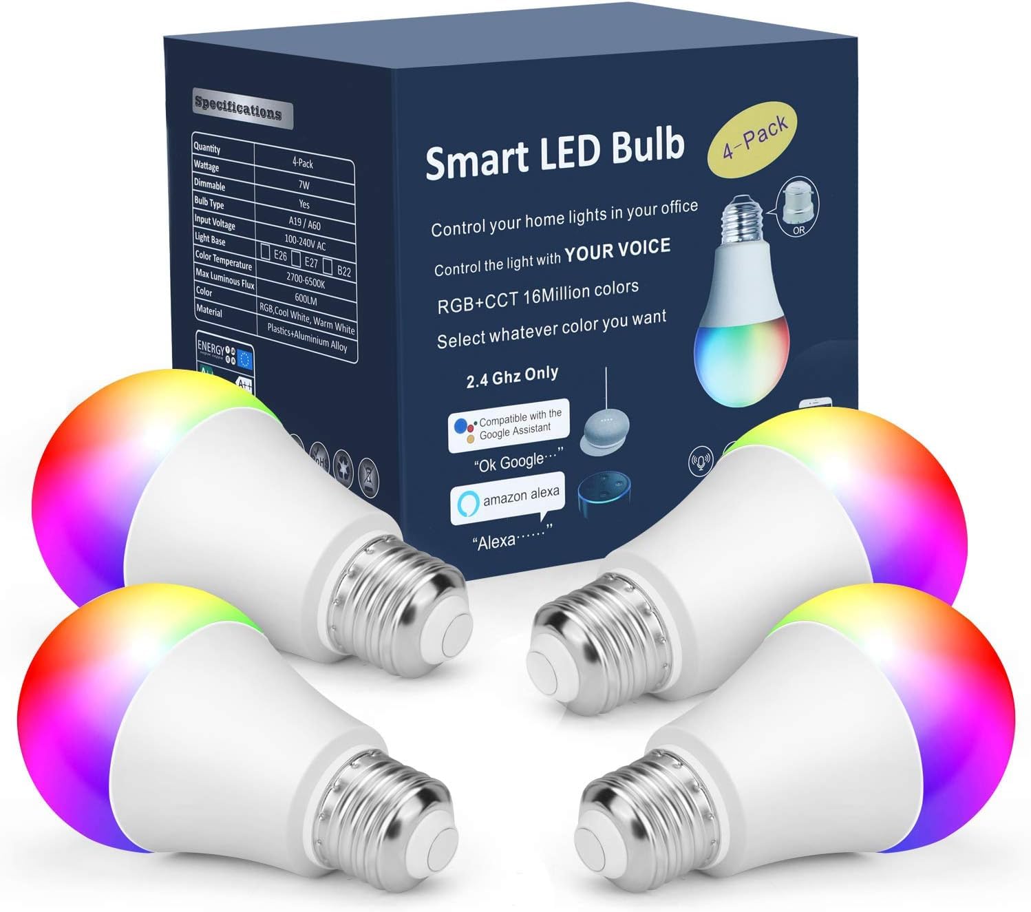 OHLUX Smart Light Bulbs, 7W RGB Color Changing LED A19 Bulbs, 4 Pack, Compatible with Alexa and Google Assistant