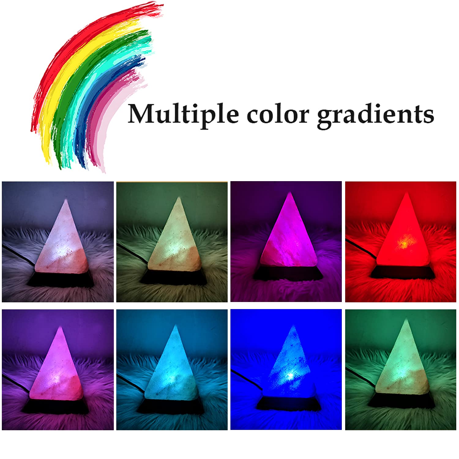 V.C.Formark USB Himalayan Salt Lamp - Hand Carved Crystal Rock, 8 Color Changing, Pyramid Shape, Genuine Wood Base for Home and Office Decor