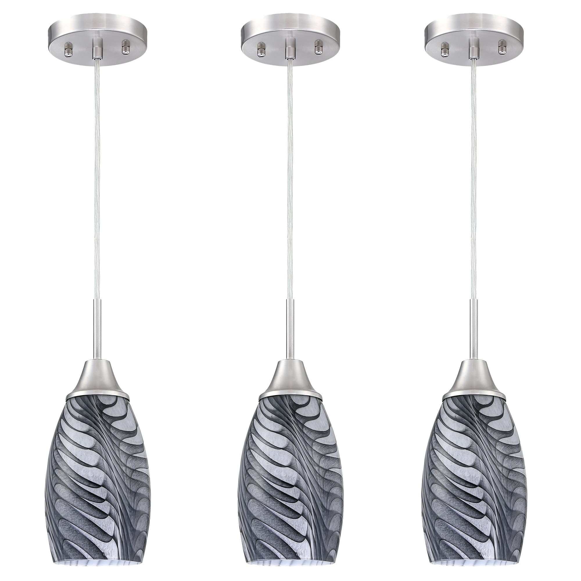 Viinew Mini Glass Pendant Light 3-Pack with Handblown Black Gray Marble Art Oval Glass Lamp Ceiling Hanging Light,for Dining Roo
