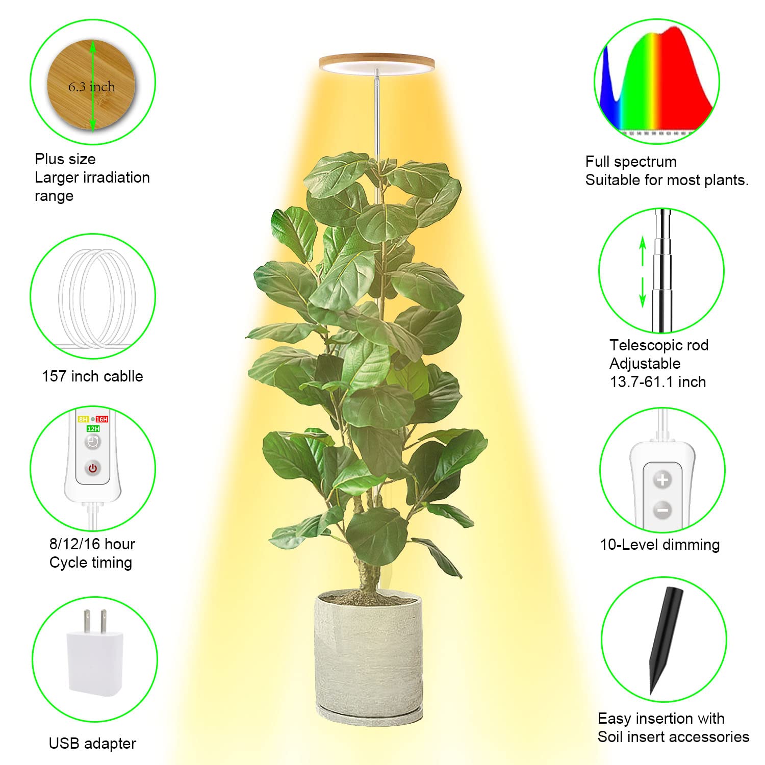 yadoker LED Grow Light Full Spectrum, Height Adjustable, 1 Pack, Bamboo, Model BAM-16