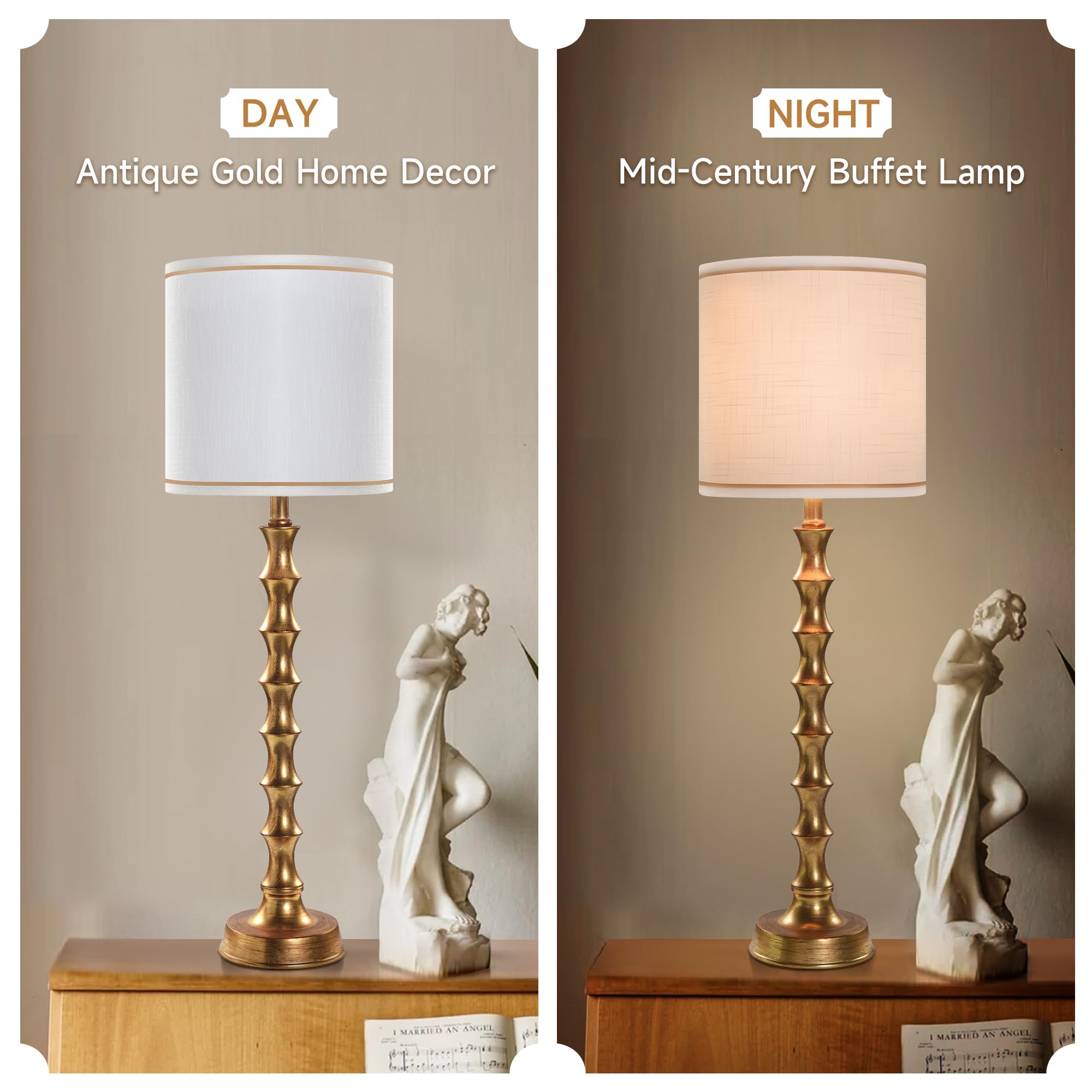 EUO Buffet Lamps Set of 2, 30.5" Tall Gold Metal Candlestick Lamps for Living Room and Dining Room, Modern Design, Model TL2PK-011-GLD