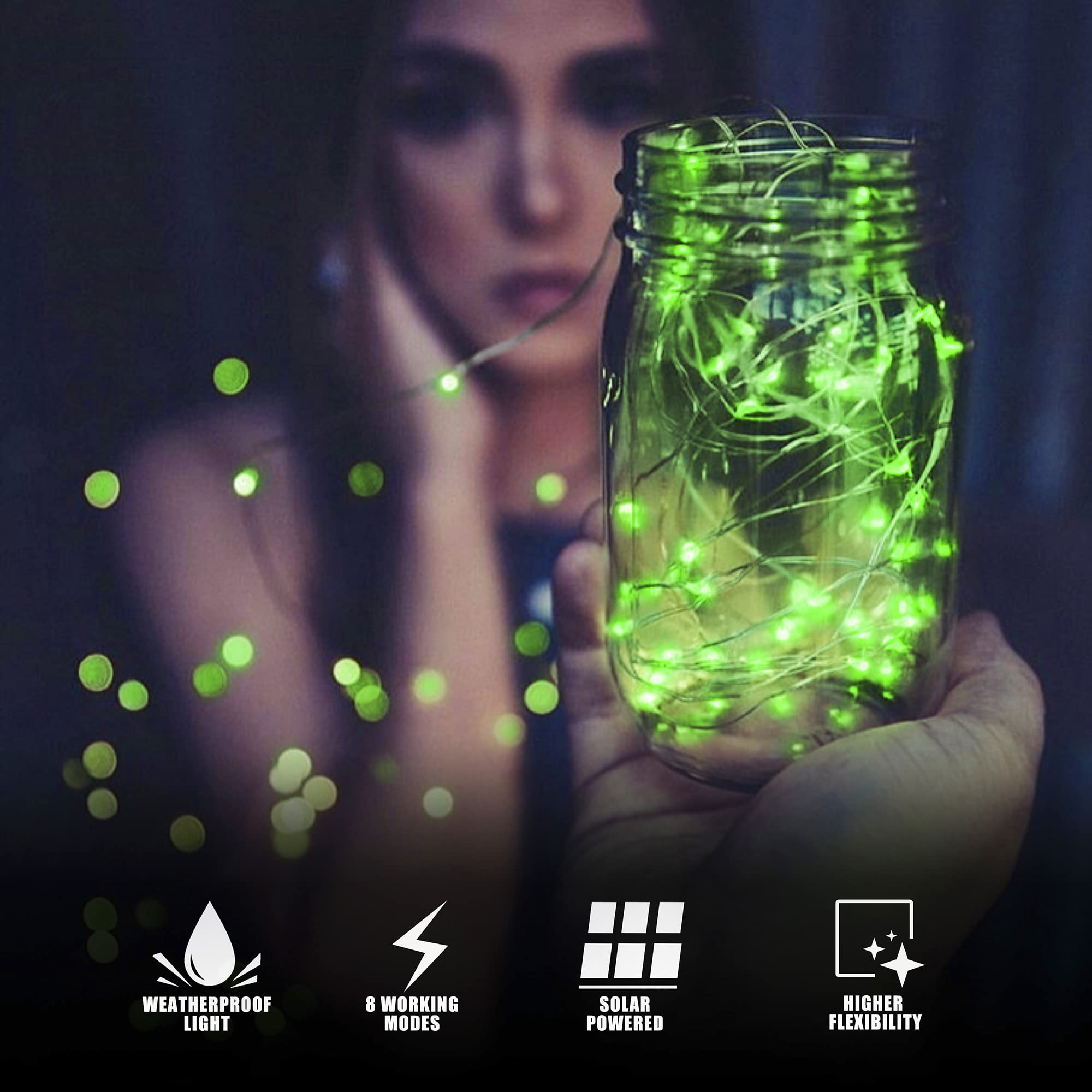 BEEWIN Solar Fairy Lights 2 Pack, 33ft 100LED, Waterproof, 8 Modes, Green, Model: da2d73bc-c487-4113-913f-