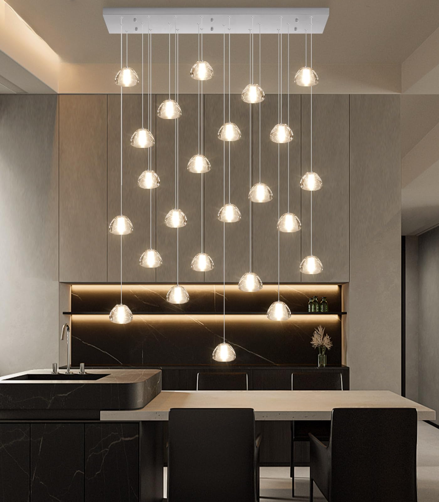dolria 24-Lights Rectangular Crystal Chandelier, LED Pendant Light, Silver, Model PC0010-24Y, Ideal for Living Room, Hallway, Bedroom