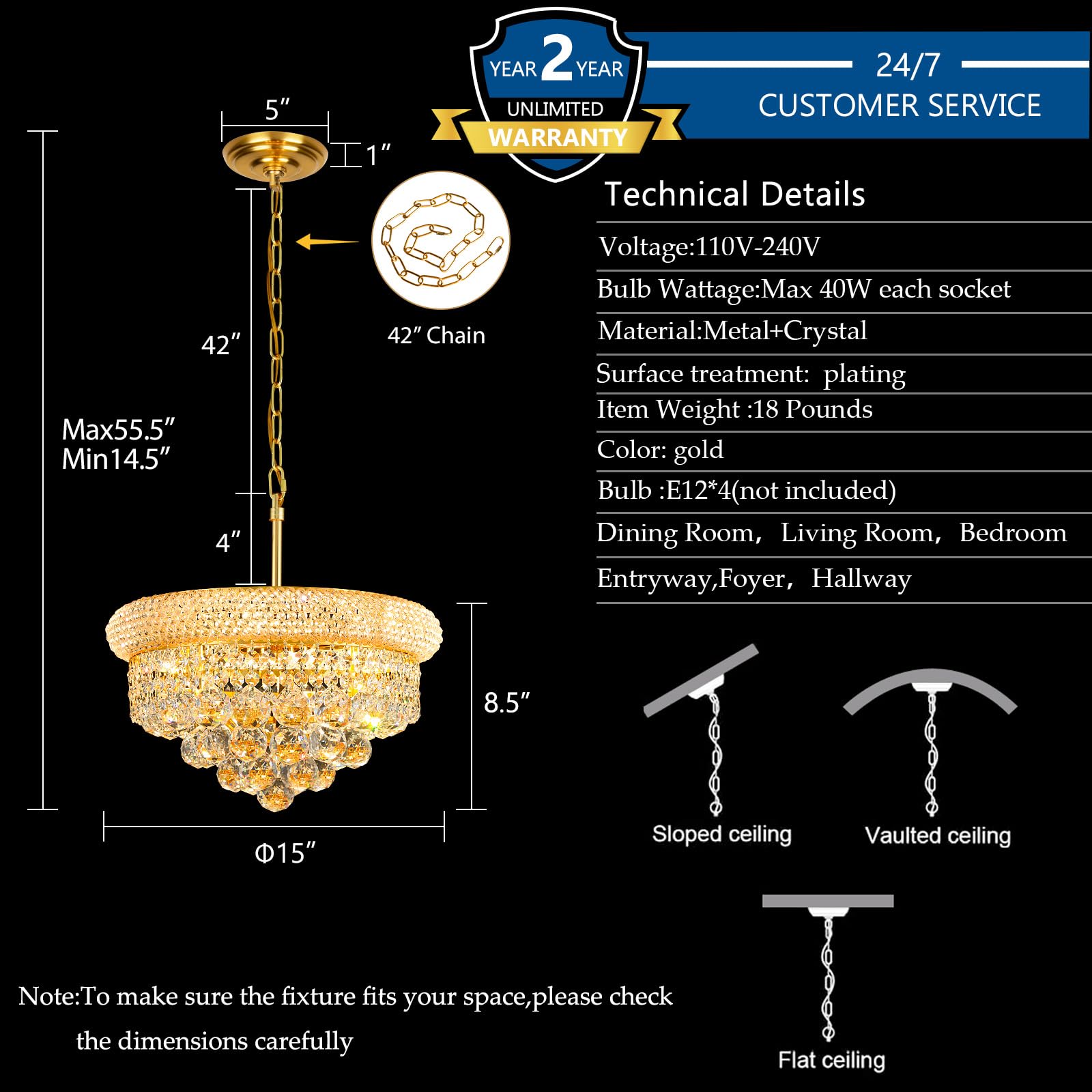 Gifarich Crystal Chandelier - Gold 4-Light Dining Room Light Fixture, D15'', Model 8846-4, Empire Style for Kitchen and Entryway