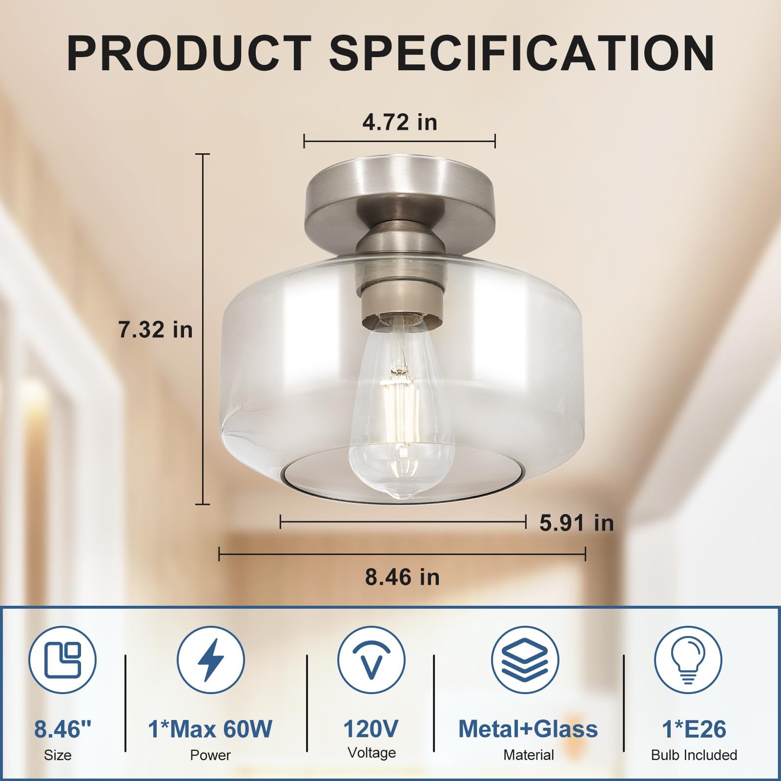 Industrial Semi Flush Mount Ceiling Light: Brush Nickel Kitchen Lighting Fixtures Ceiling With Clear Glass - Vintage Hallway Lig