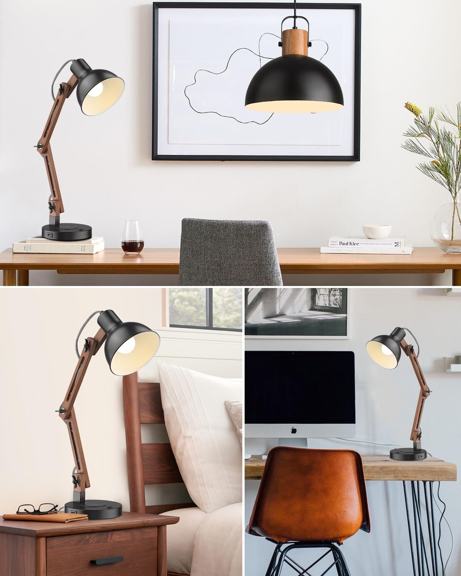 Elyona Led Desk Lamp With Wireless Charger & Usb-C Port, Sapele Wood, Modern Black Swing Arm Light