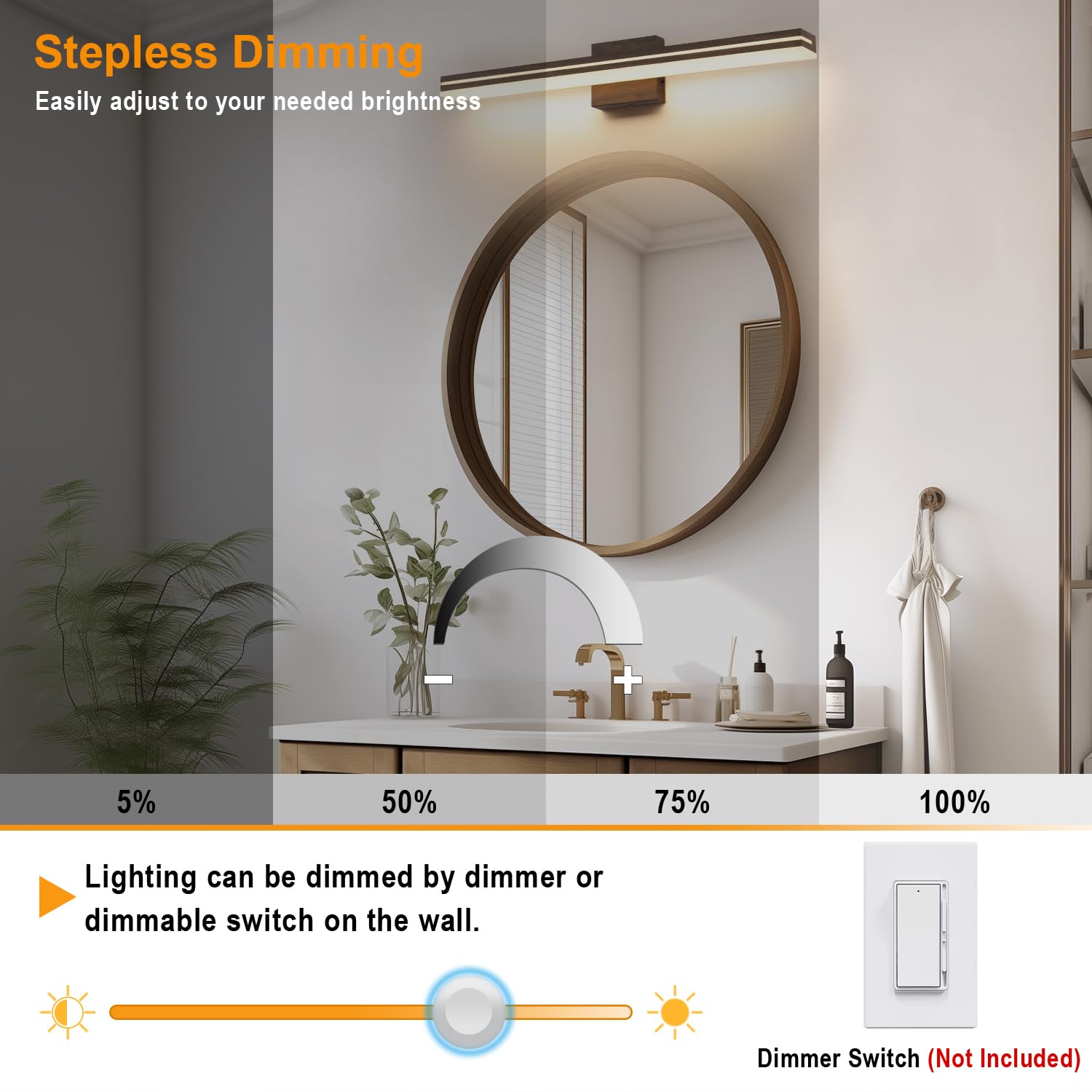 SineRise LED Bathroom Vanity Light Fixture, 32-Inch, Dimmable, Brown Wood & Acrylic, Model: af7ca732