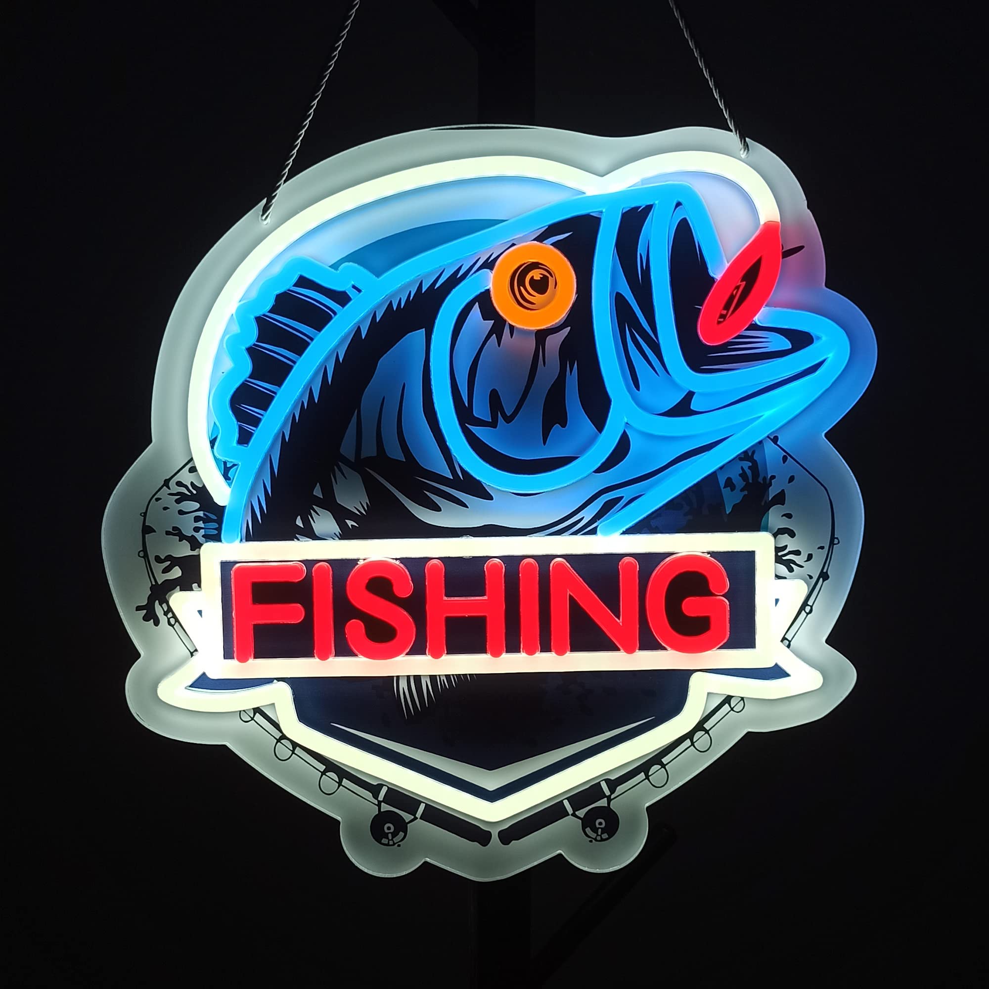 ASIUXIRS Neon Sign Art - Fishing Design, 13x13 inches, Plastic - Wall Light for Bar, Club, Cafe, Bedroom, Wedding, Birthday Party