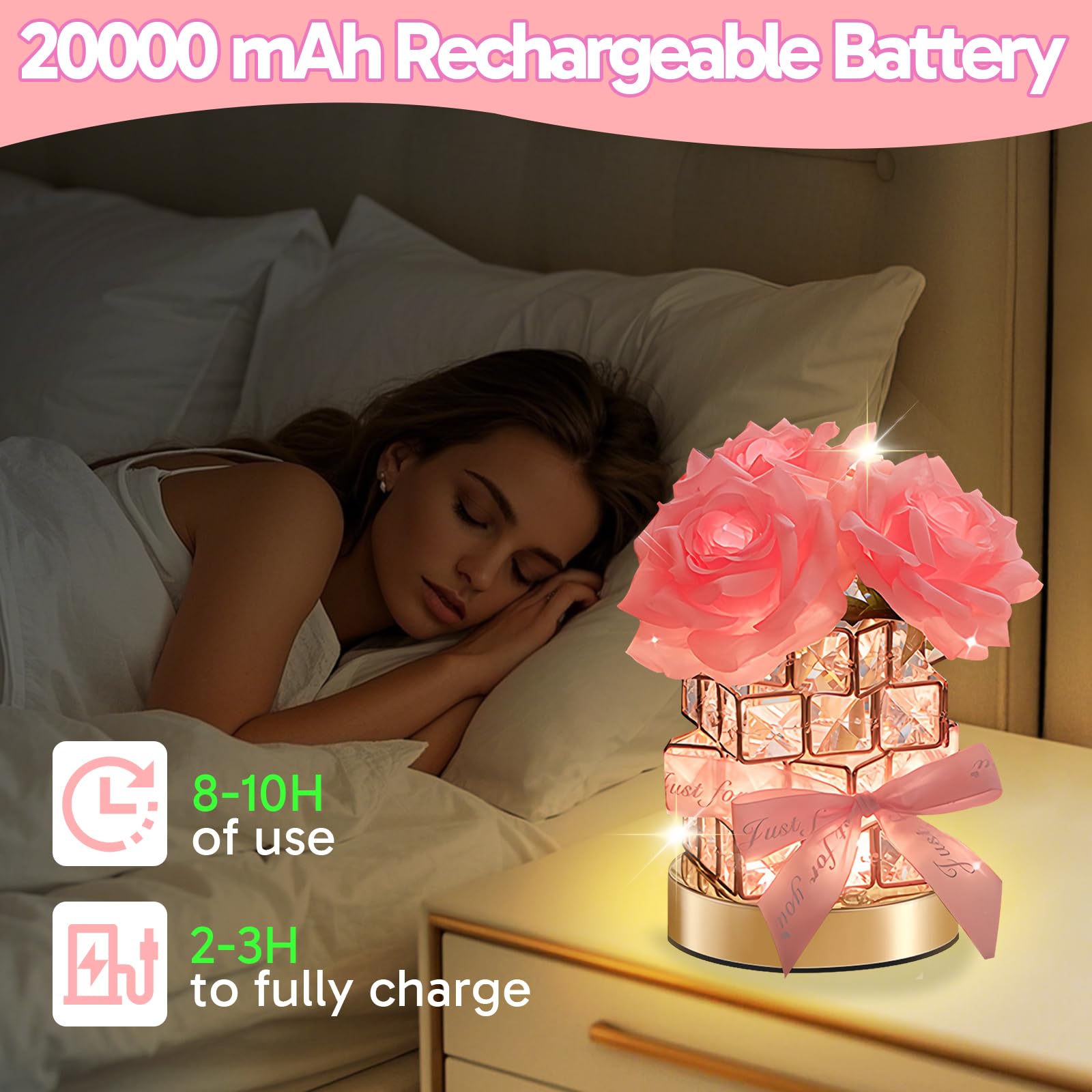 Onxe Birthday Christmas Gifts For Women Girlfriend Wife Mom  Rechargeable Cordless Touch Crystal Rose Table Lamp 3 Color Dimming Forever Flowers Night Light  Anniversary Valentines Rose Gift For Her