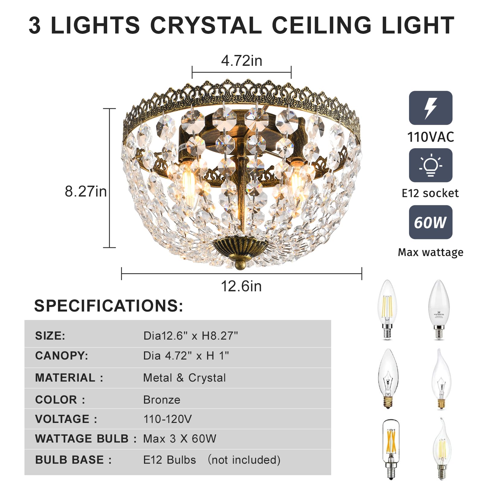 Kaiqi 3 Lights French Empire K9 Crystal Flush Mount Chandelier Lighting Antique Ceiling Light Fixture For Dining Room Entrance H