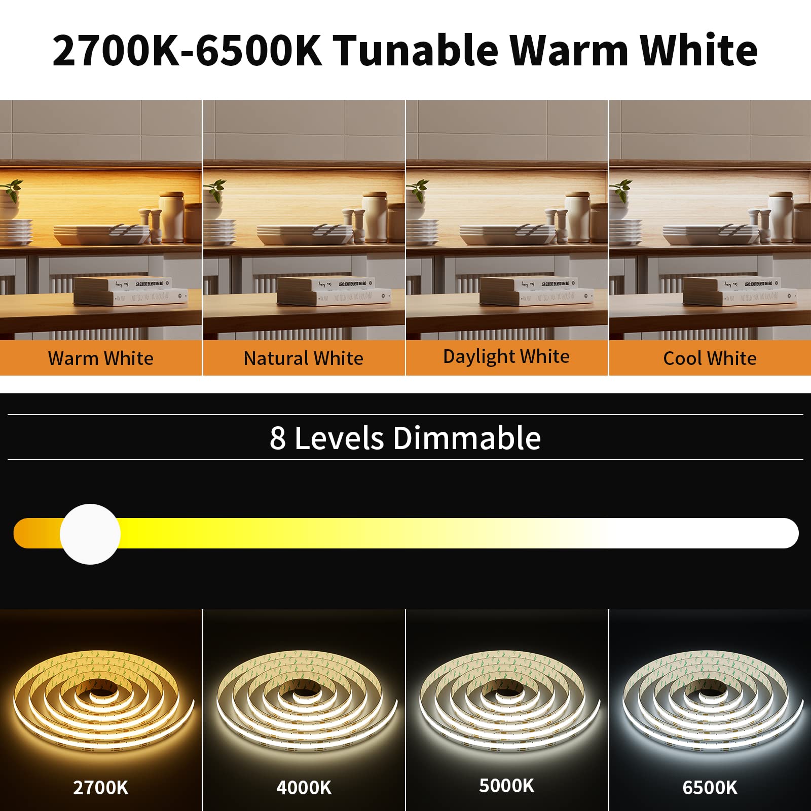 Pautix 16.4Ft Dimmable Cob Led Strip Light, Tunable 2700K-6500K, Cr