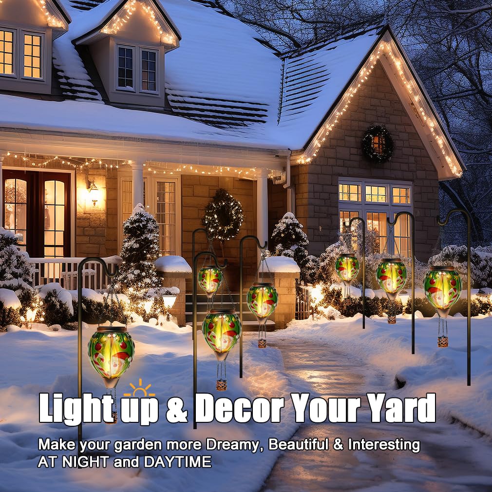 Solar Powered Hot Air Balloon Lantern - Christmas Santa Glass Lantern  Simulated Flickering & Dancing Flame  Outdoor Hanging Yard Light Waterproof Ip65 For Patio Lawn Porch Xmas Decor Gift