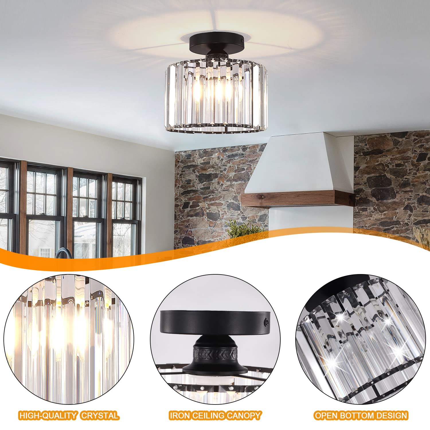 BUXVRCS Semi Flush Mount Chandelier, Crystal Ceiling Light, Black, Model SJD-45, Ideal for Living Room, Bedroom, Hallway, Kitchen