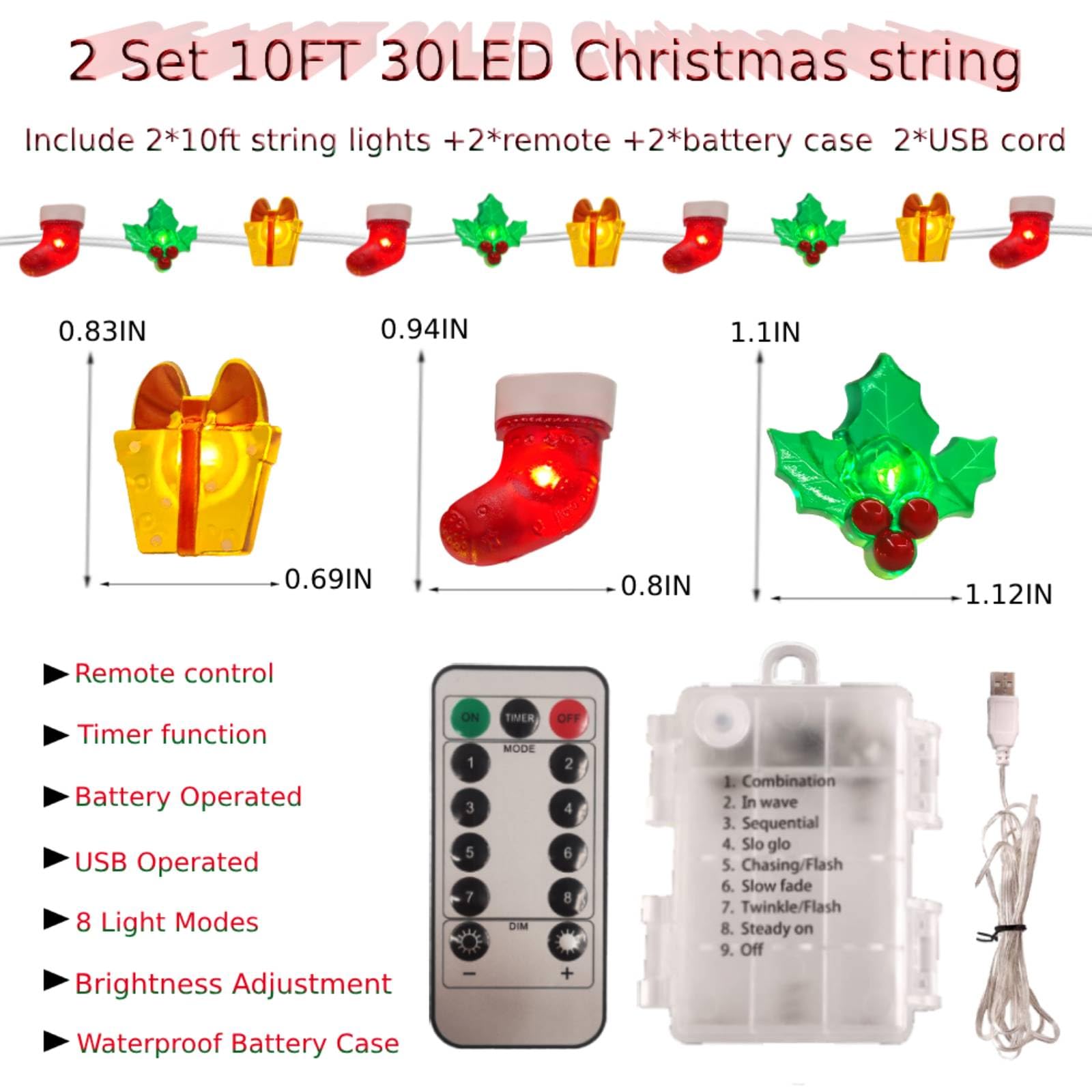 2 Set Battery Operated Christmas Lights Decorations, 10Ft 30Led Christmas Stocking Gift Box String Lights 8 Lighting Modes Christmas Light Indoor Outdoor Home Bedroom Party Decor [Timer & Remote]